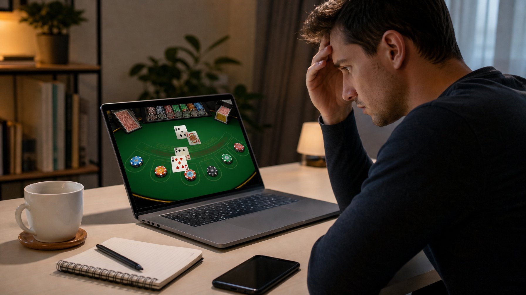 Seorang dewasa muda duduk di depan laptop yang menampilkan permainan blackjack online dengan ekspresi serius dan fokus.