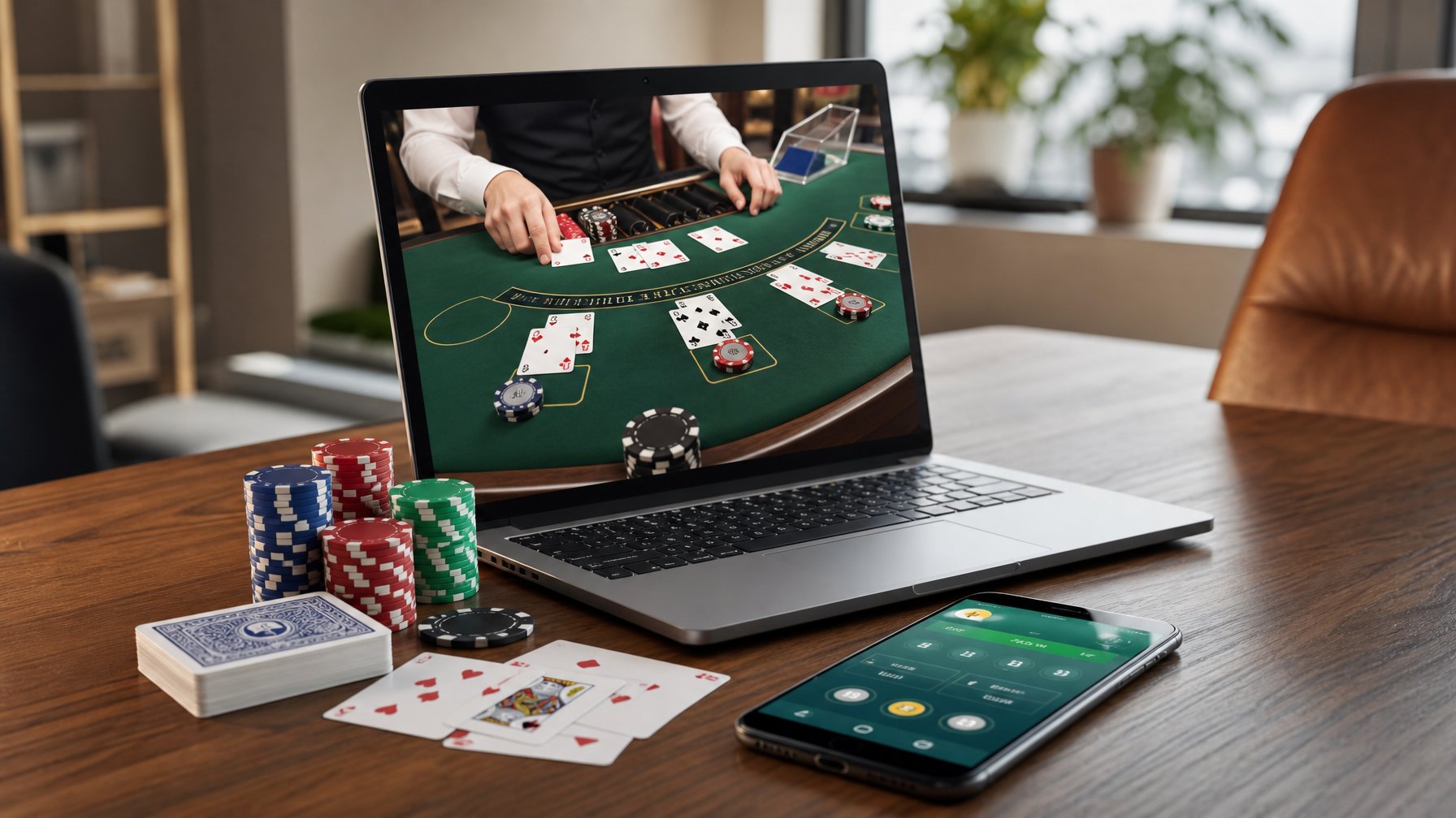 Sebuah laptop menampilkan meja blackjack digital dengan kartu dan chip, dipadukan dengan chip poker dan ponsel di atas meja kayu di ruangan yang nyaman.