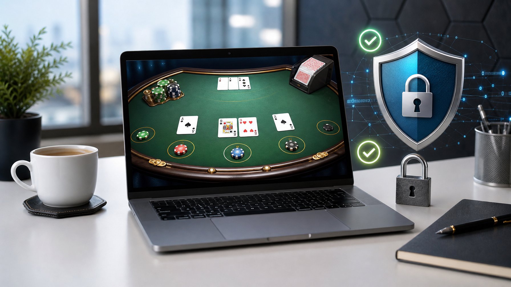 Seorang pemain blackjack online menggunakan komputer di meja kerja yang rapi dengan simbol keamanan seperti gembok dan tanda centang di latar belakang.