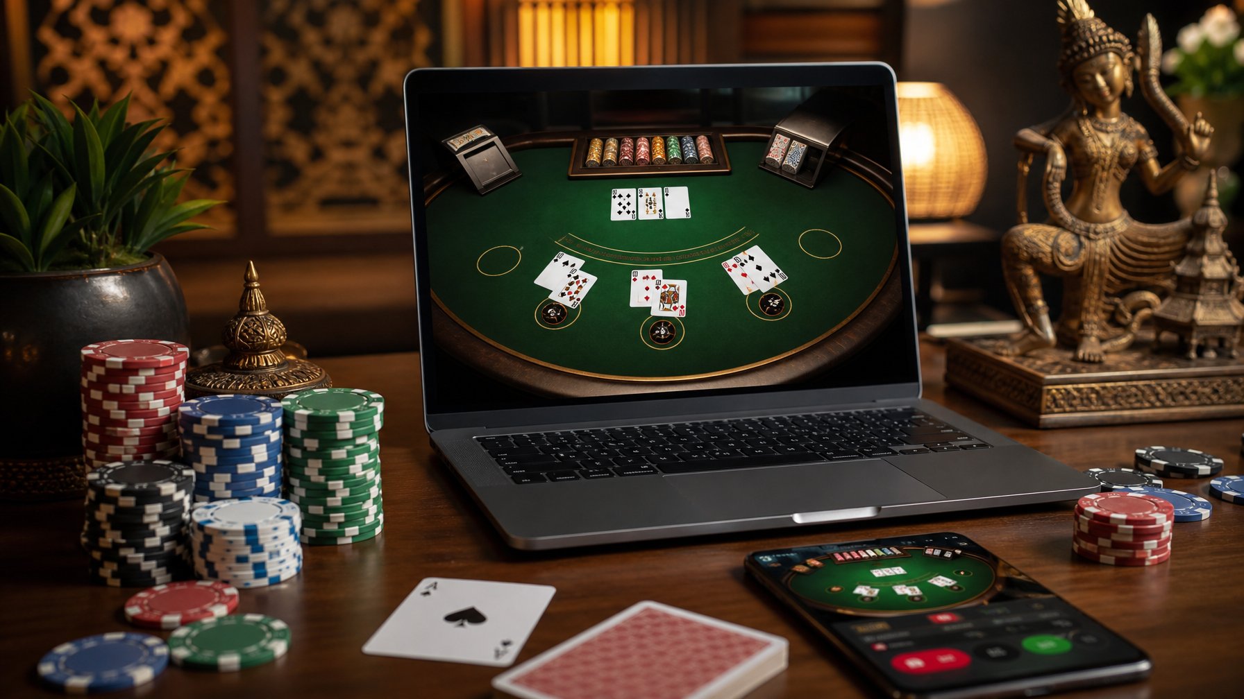 Meja kerja modern dengan laptop yang menampilkan permainan blackjack digital, chip poker, dan kartu remi, dengan latar belakang dekorasi khas Indonesia.
