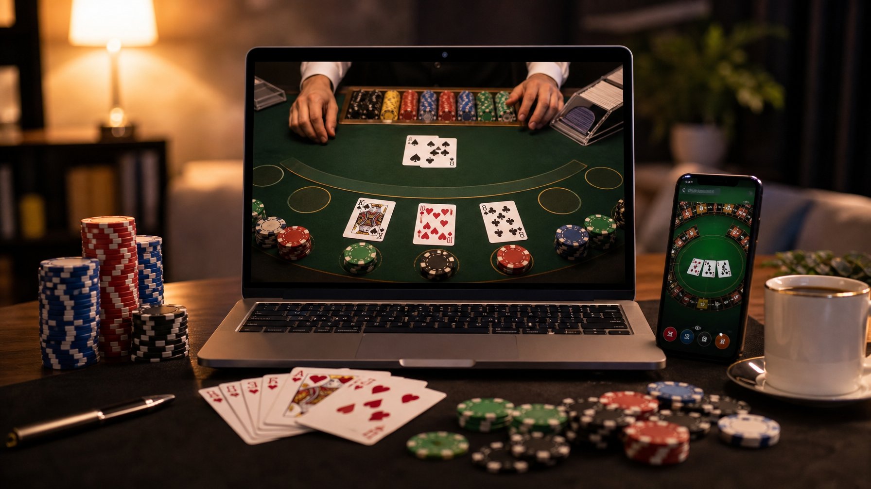 Sebuah meja dengan komputer menampilkan permainan blackjack online, dikelilingi oleh kartu remi dan chip poker, di lingkungan rumah atau kantor yang nyaman.