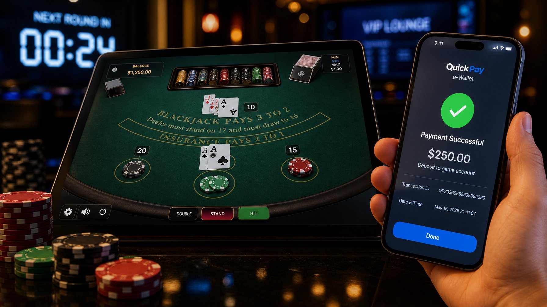Sebuah meja blackjack virtual dengan kartu dan chip, serta tangan yang memegang ponsel menunjukkan transaksi e-wallet yang cepat dan aman.
