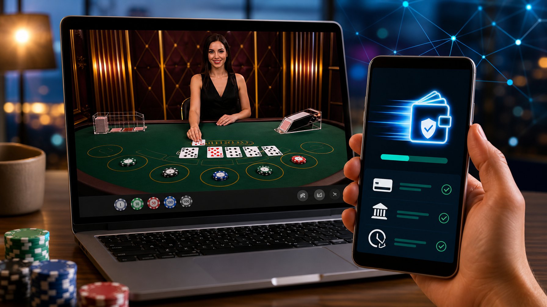 Seorang pemain menggunakan laptop dan smartphone untuk bermain blackjack online dengan aplikasi e-wallet yang aktif di layar.