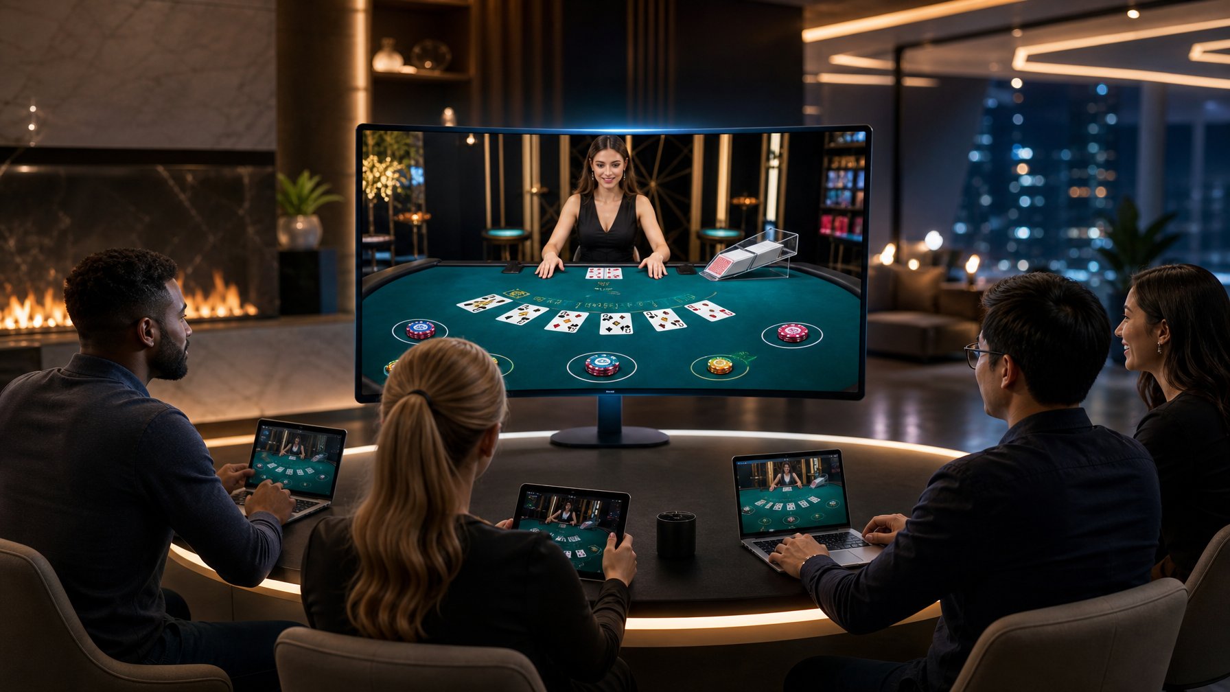 Beberapa orang bermain blackjack online di ruangan modern dengan layar besar yang menampilkan meja blackjack virtual.