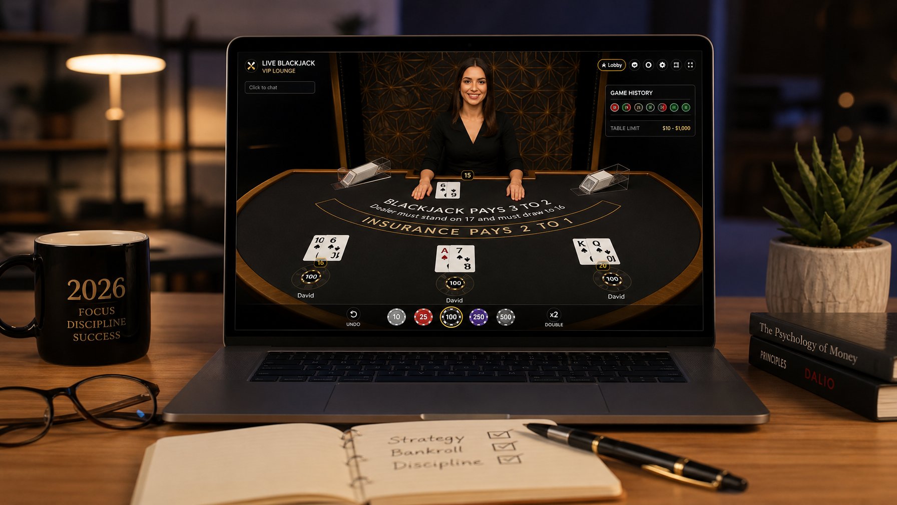 Sebuah meja kerja dengan komputer menampilkan permainan blackjack langsung, dilengkapi dengan kartu dan chip, suasana yang nyaman dan profesional.