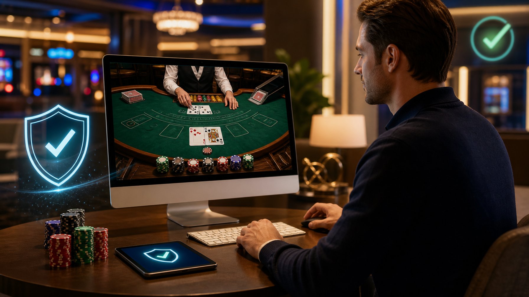 Seorang pria duduk di depan komputer dengan tampilan permainan blackjack online, di lingkungan kasino modern yang terang dan bersih.