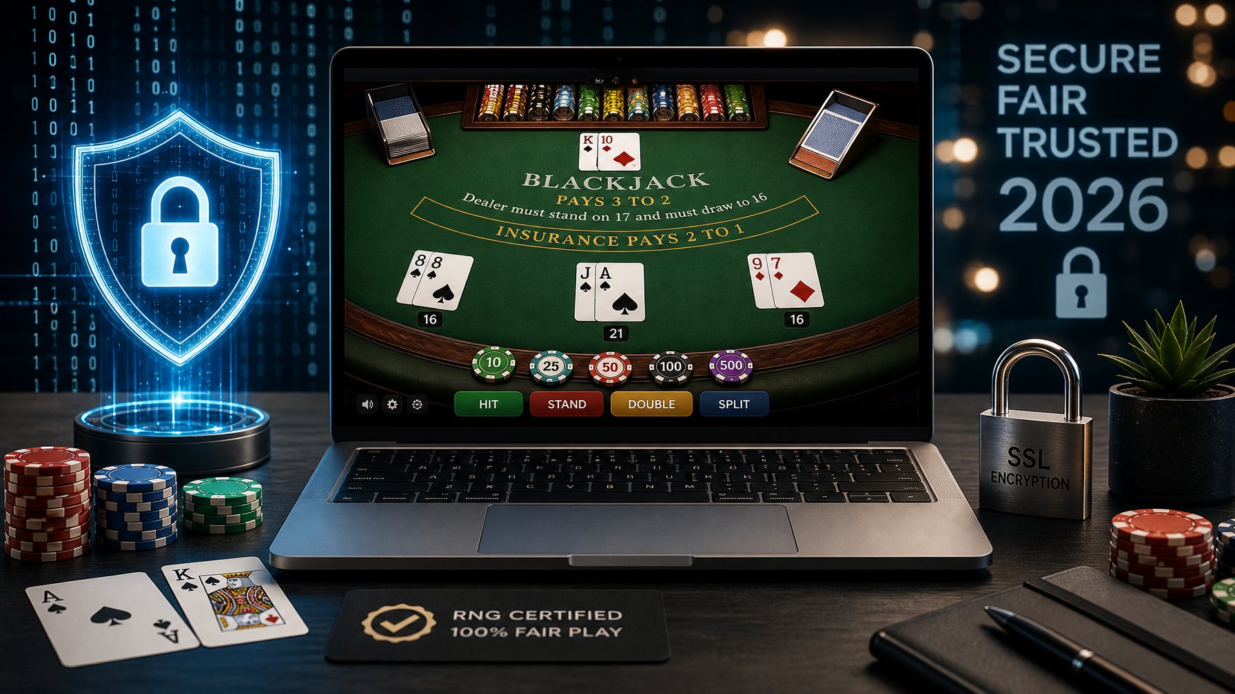 Sebuah meja kerja dengan laptop yang menampilkan permainan blackjack online dan simbol keamanan digital di sekitarnya.