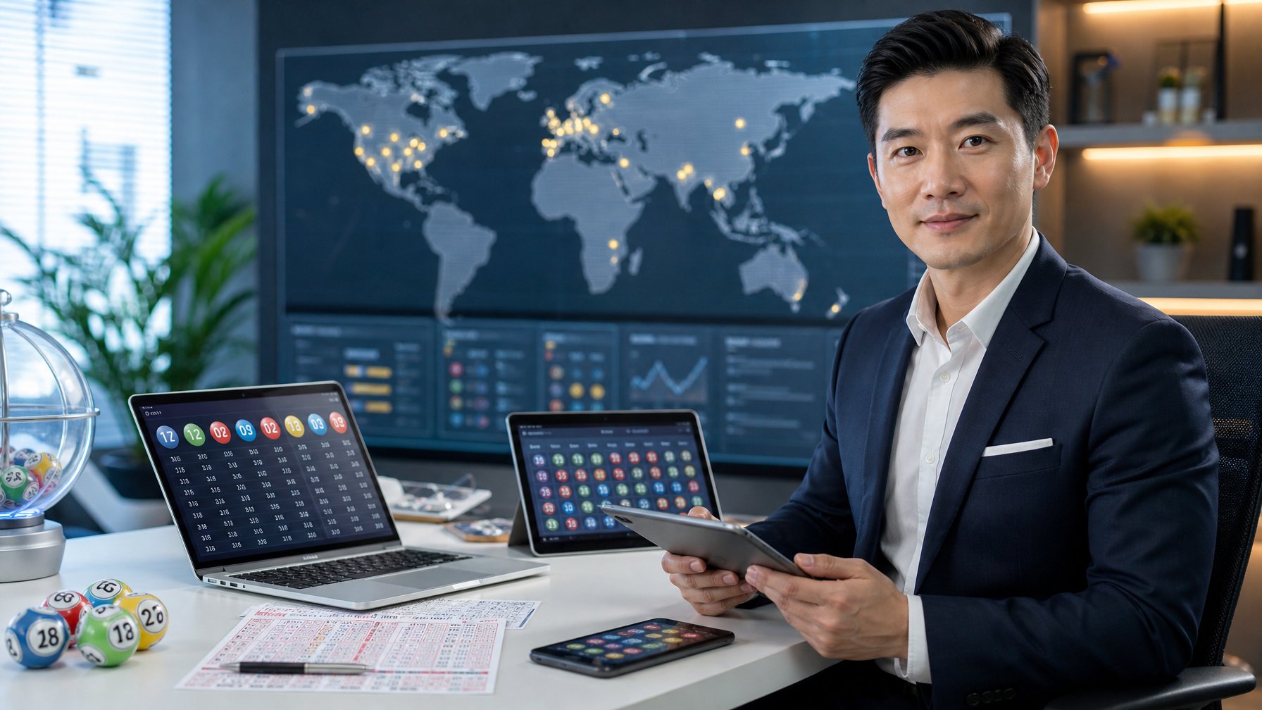 Seorang profesional sedang bekerja di kantor modern dengan perangkat digital menampilkan angka togel dan grafik.