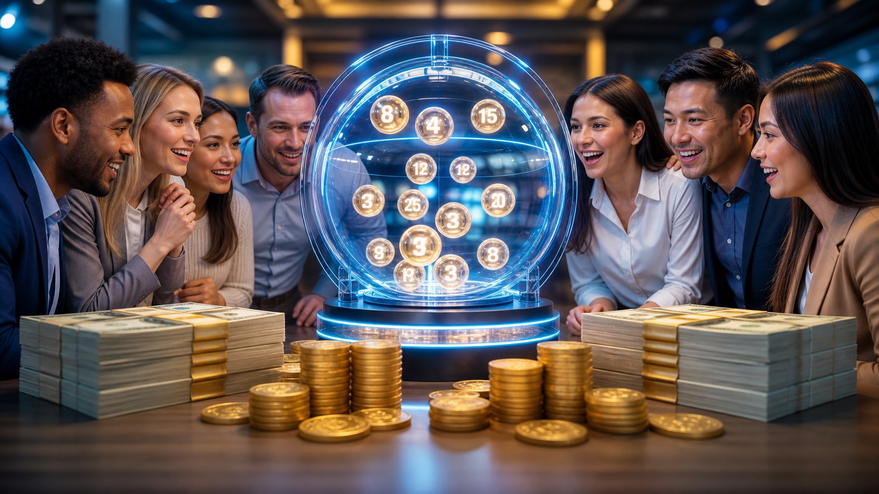 Orang-orang yang bersemangat melihat papan lotere digital dengan angka 4D dan hadiah uang tunai besar di lingkungan yang modern dan terang.