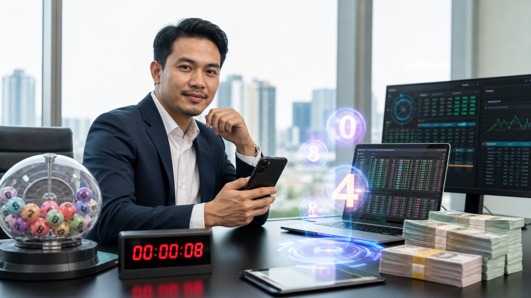 Seorang pria Asia Tenggara duduk di meja kerja dengan laptop dan ponsel yang menampilkan angka togel, di ruangan kantor dengan pemandangan kota di latar belakang.