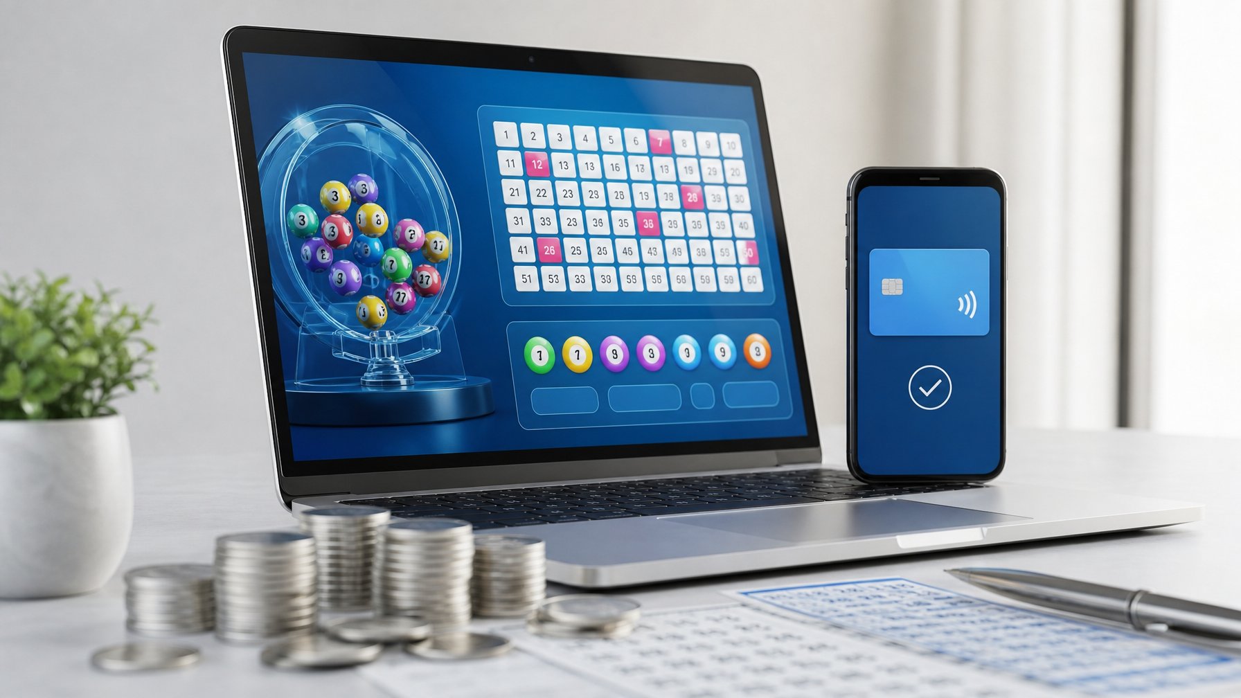 Seseorang menggunakan perangkat digital untuk memasang taruhan togel dengan koin perak dan metode pembayaran digital di sekitar perangkat.