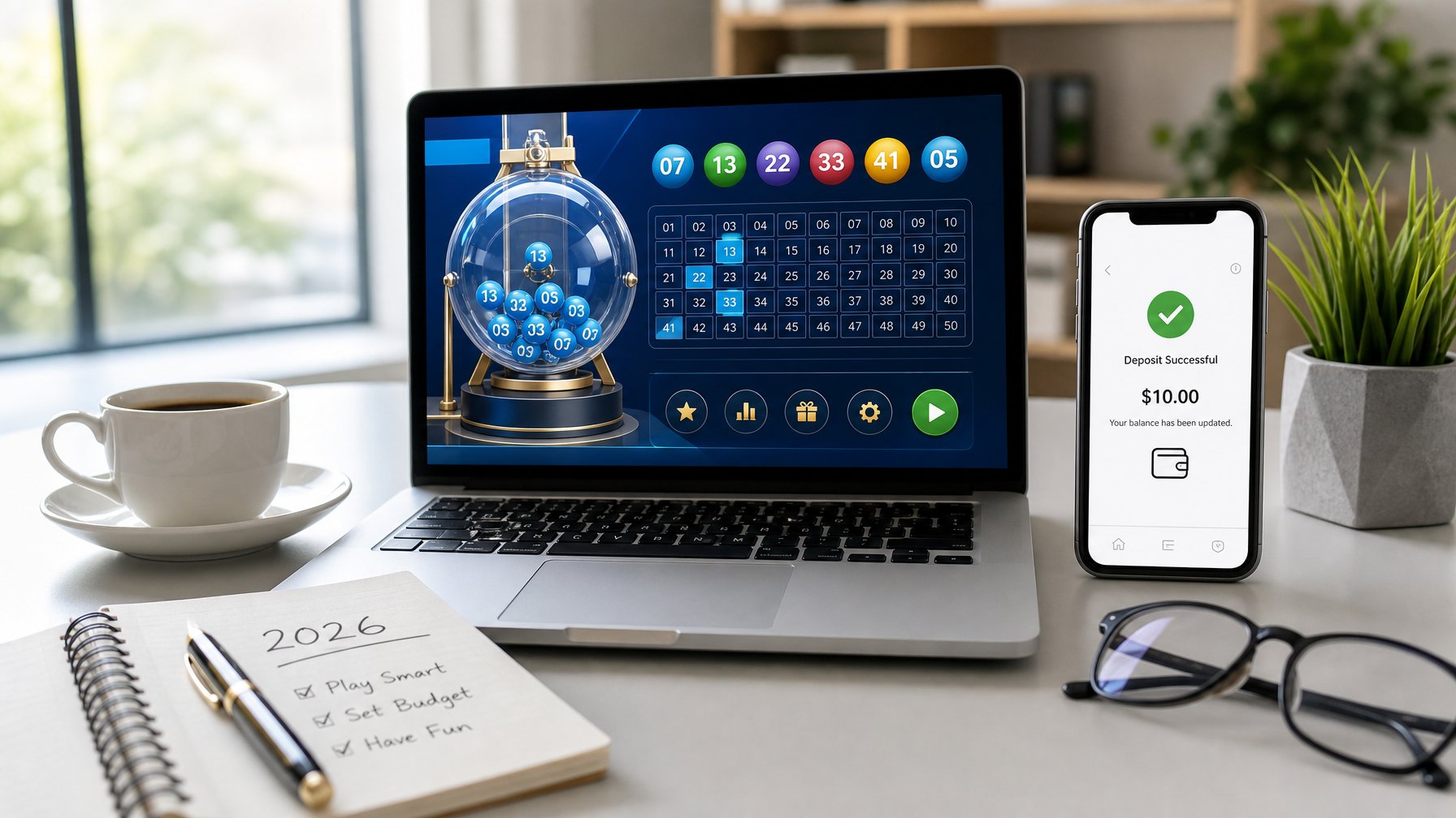 Seorang pria duduk di depan laptop dan smartphone di meja kerja yang rapi, menyiapkan taruhan togel secara online dengan suasana yang tenang dan terang.
