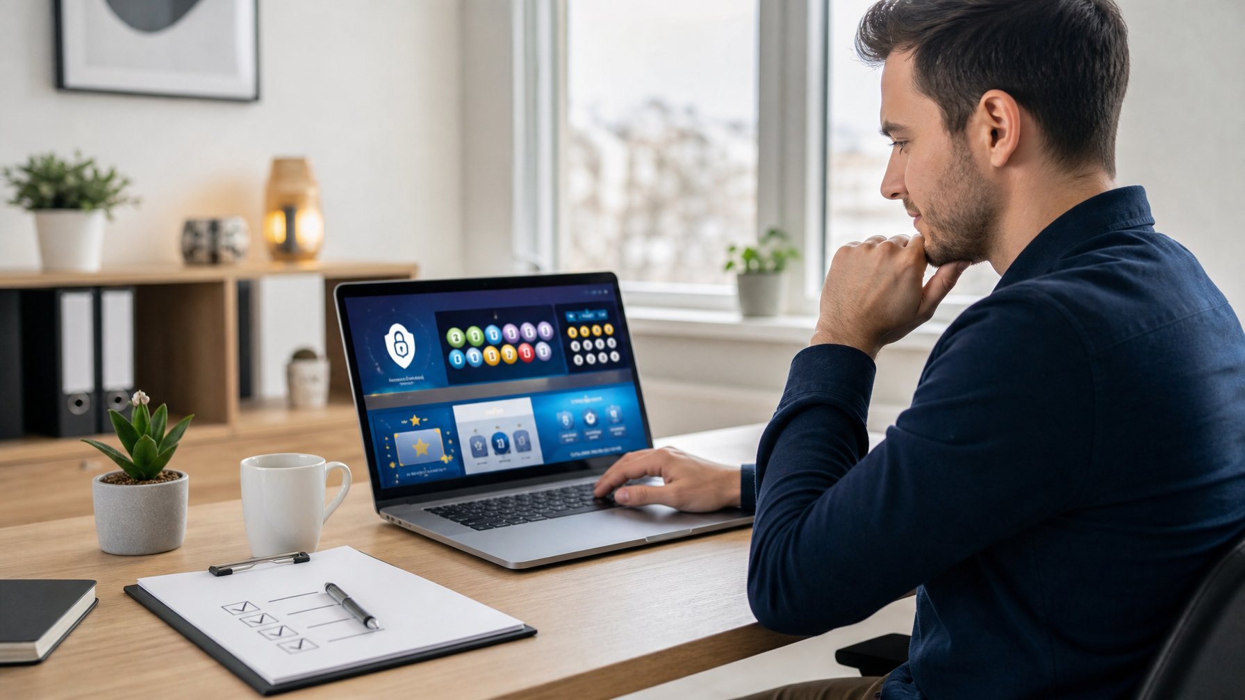 Seorang dewasa muda duduk di meja kerja modern, fokus memilih opsi di layar laptop dengan latar kantor rumah yang terang dan rapi.