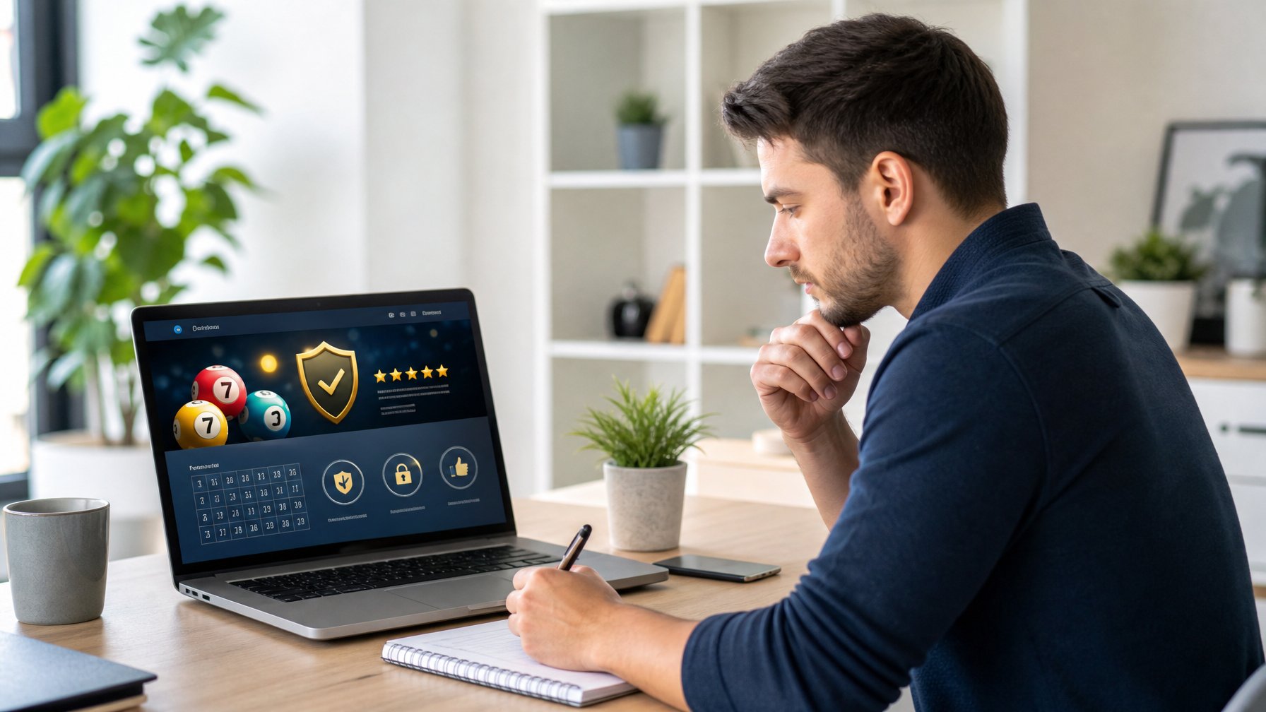 Seorang dewasa muda sedang duduk di meja dengan laptop, memeriksa informasi tentang agen togel online terpercaya.