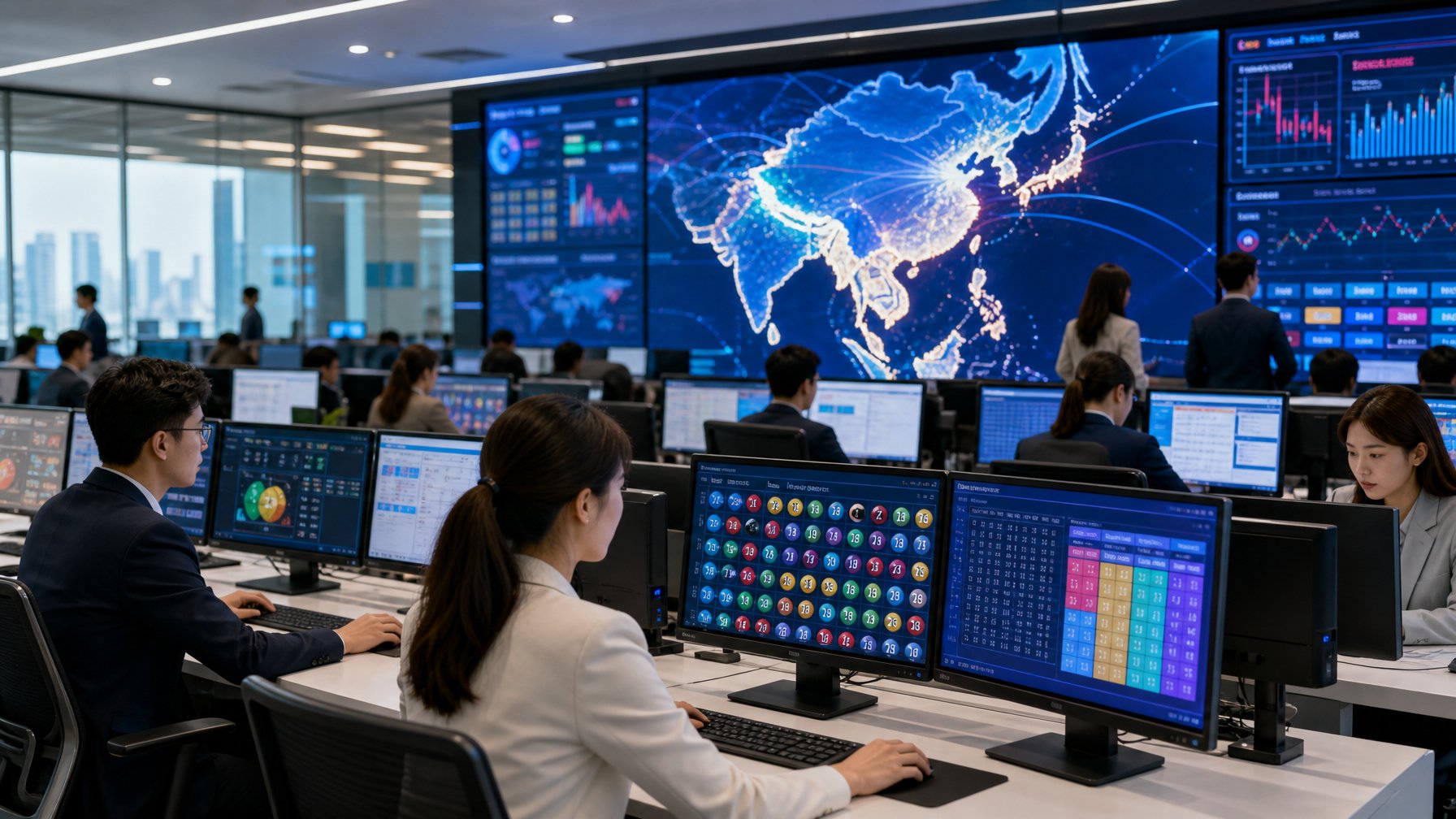 Suasana kantor modern dengan profesional yang sedang bekerja di depan komputer dengan layar yang menampilkan data dan grafik terkait lotere di Asia.