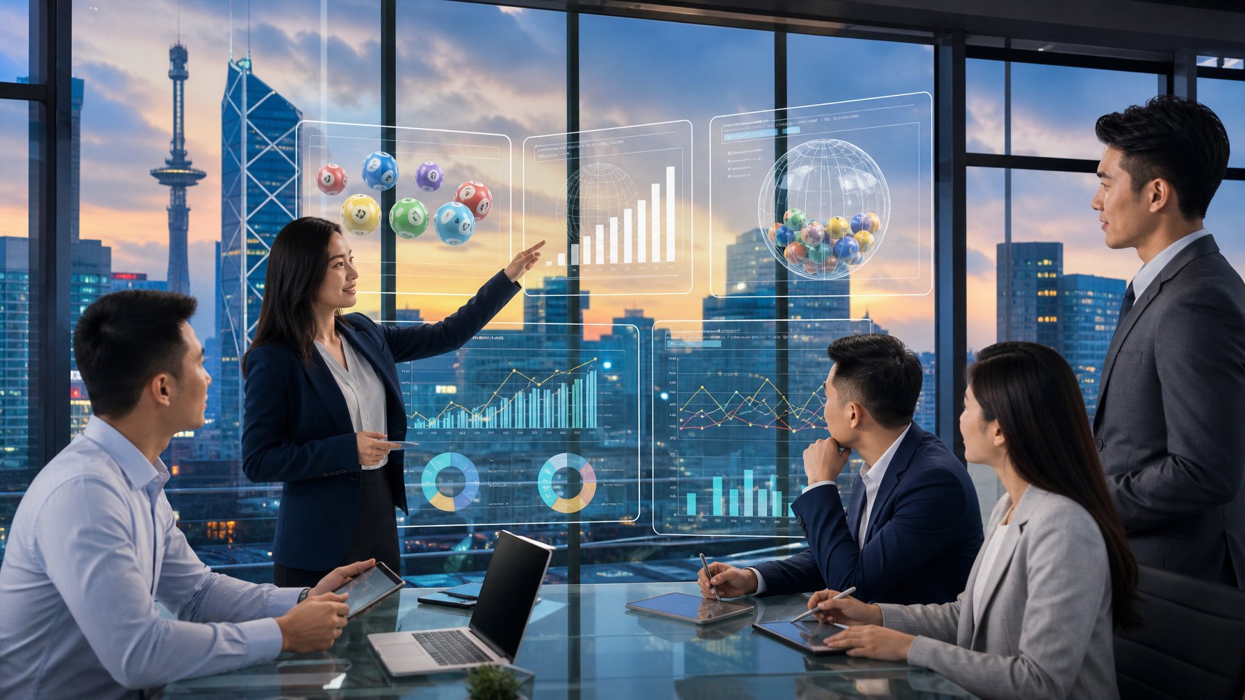 Sekelompok profesional bisnis Asia sedang berdiskusi dan menganalisis data digital di kantor modern dengan pemandangan kota di latar belakang.