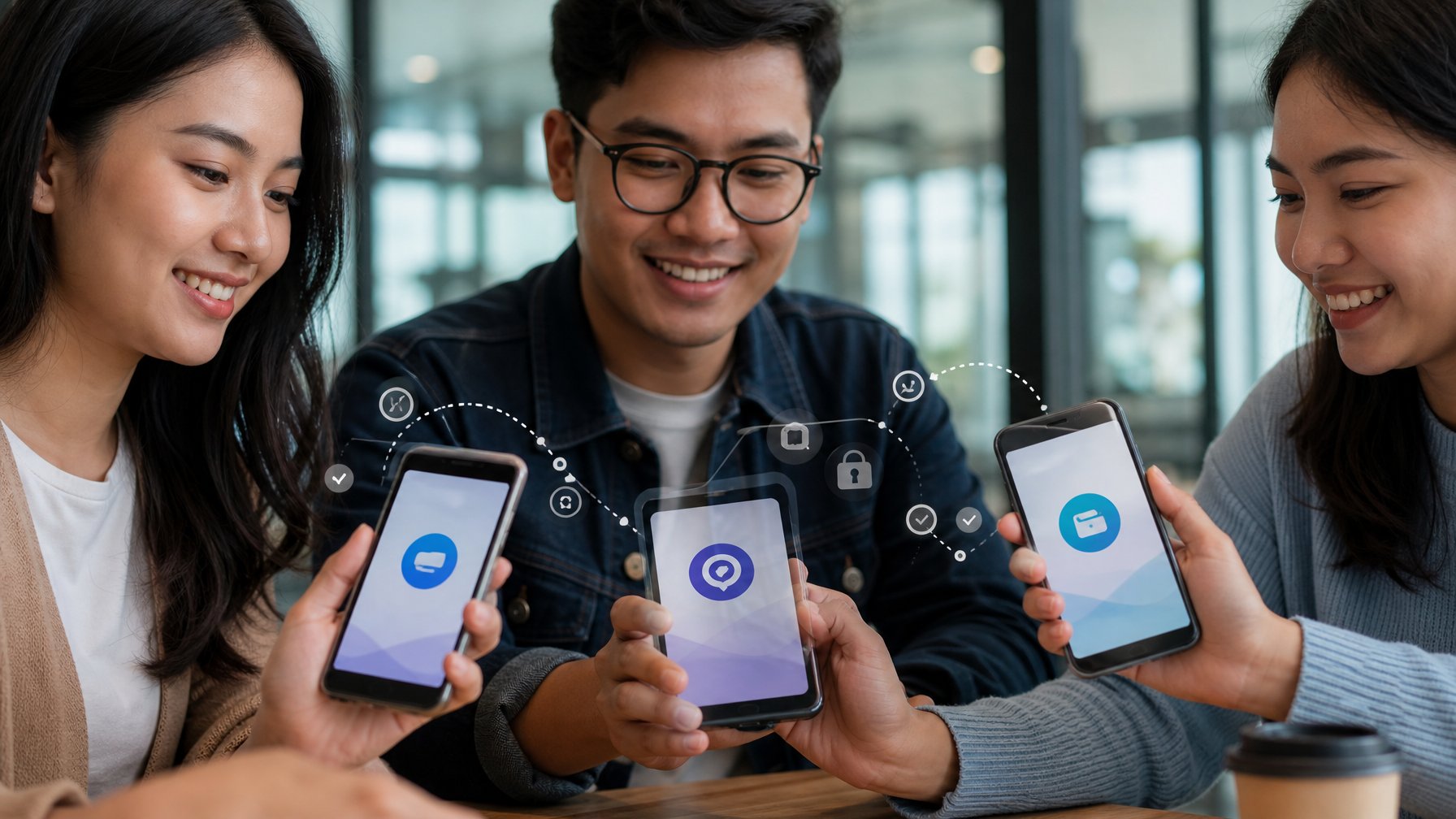 Sekelompok orang muda menggunakan ponsel untuk melakukan pembayaran digital dengan dompet elektronik di lingkungan dalam ruangan yang terang dan modern.