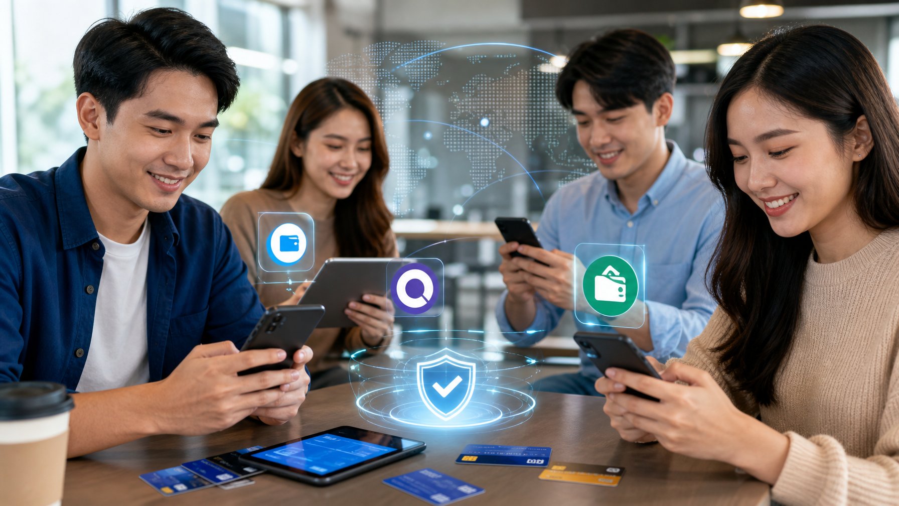 Sekelompok orang muda menggunakan ponsel untuk melakukan pembayaran digital dengan aplikasi e-wallet Dana, OVO, dan Gopay di lingkungan modern.