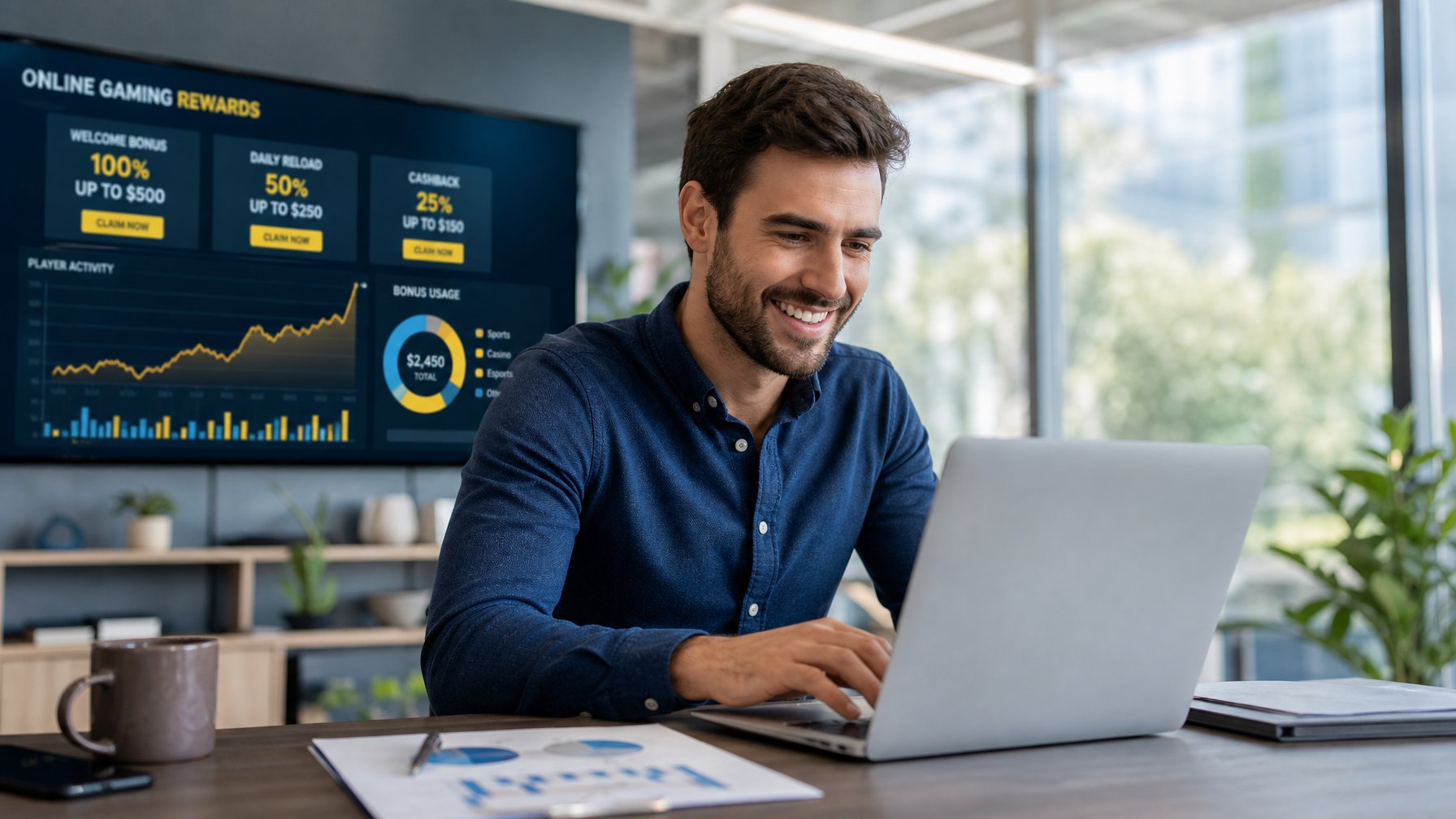 Seorang pria muda tersenyum menggunakan laptop di kantor modern dengan layar digital dan grafik di latar belakang.