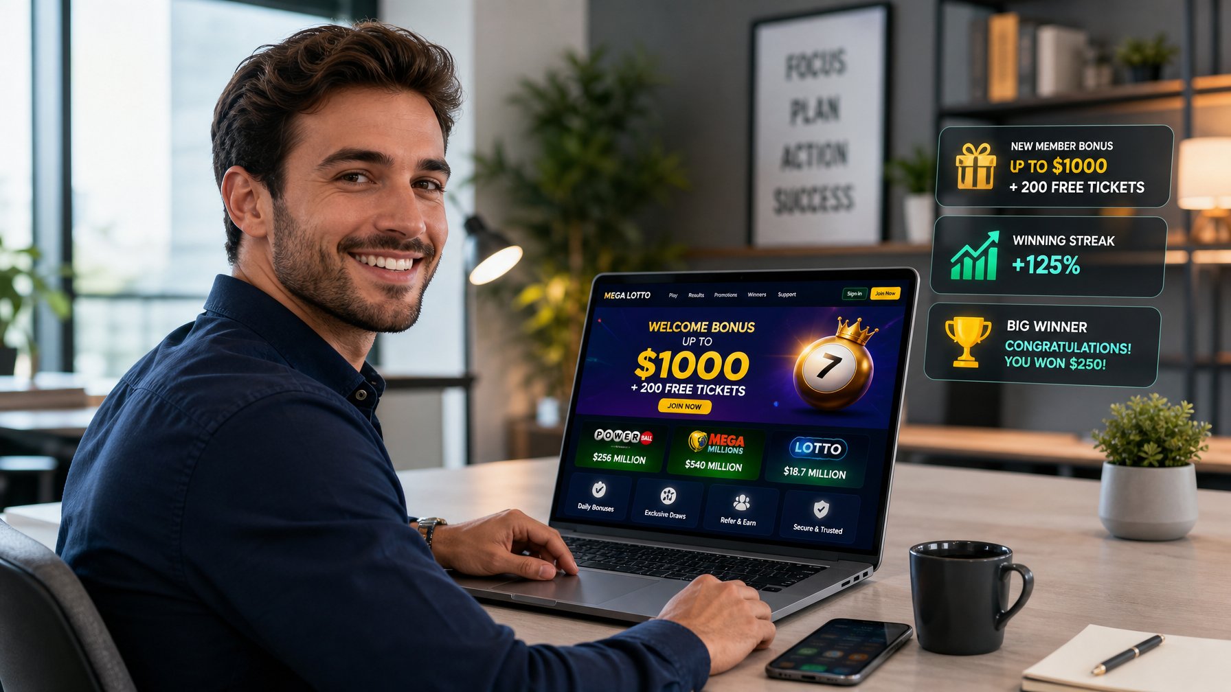 Seorang pria muda duduk di meja kantor modern sambil menggunakan laptop dengan tampilan platform togel digital, tersenyum dan terlihat percaya diri.