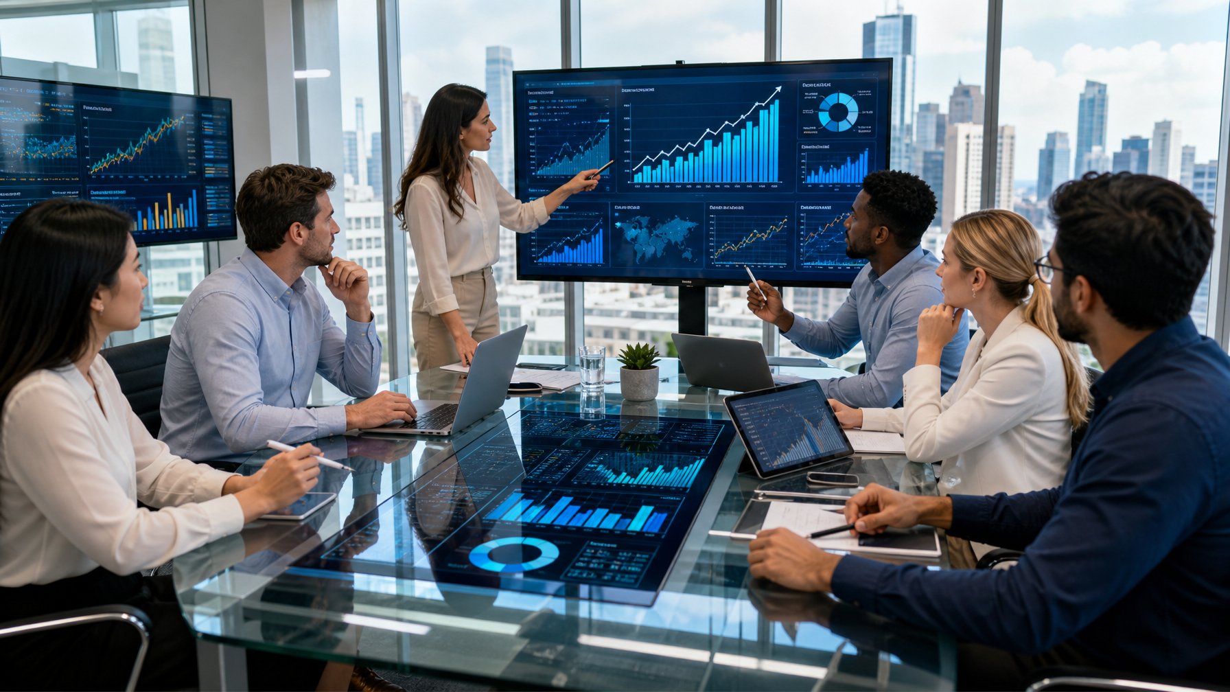 Sekelompok profesional sedang berdiskusi di ruang kantor modern dengan layar yang menampilkan grafik dan data analisis pasar.