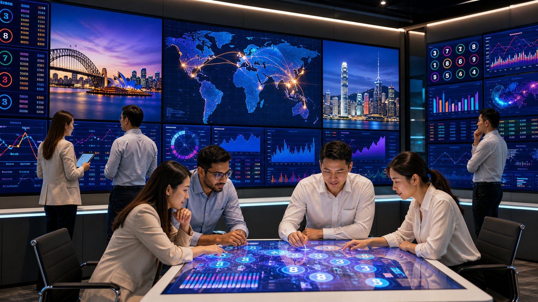 Suasana kantor modern dengan beberapa orang profesional yang sedang bekerja dengan layar digital menampilkan peta dan data terkait pasar togel Sydney, Singapura, dan Hongkong.