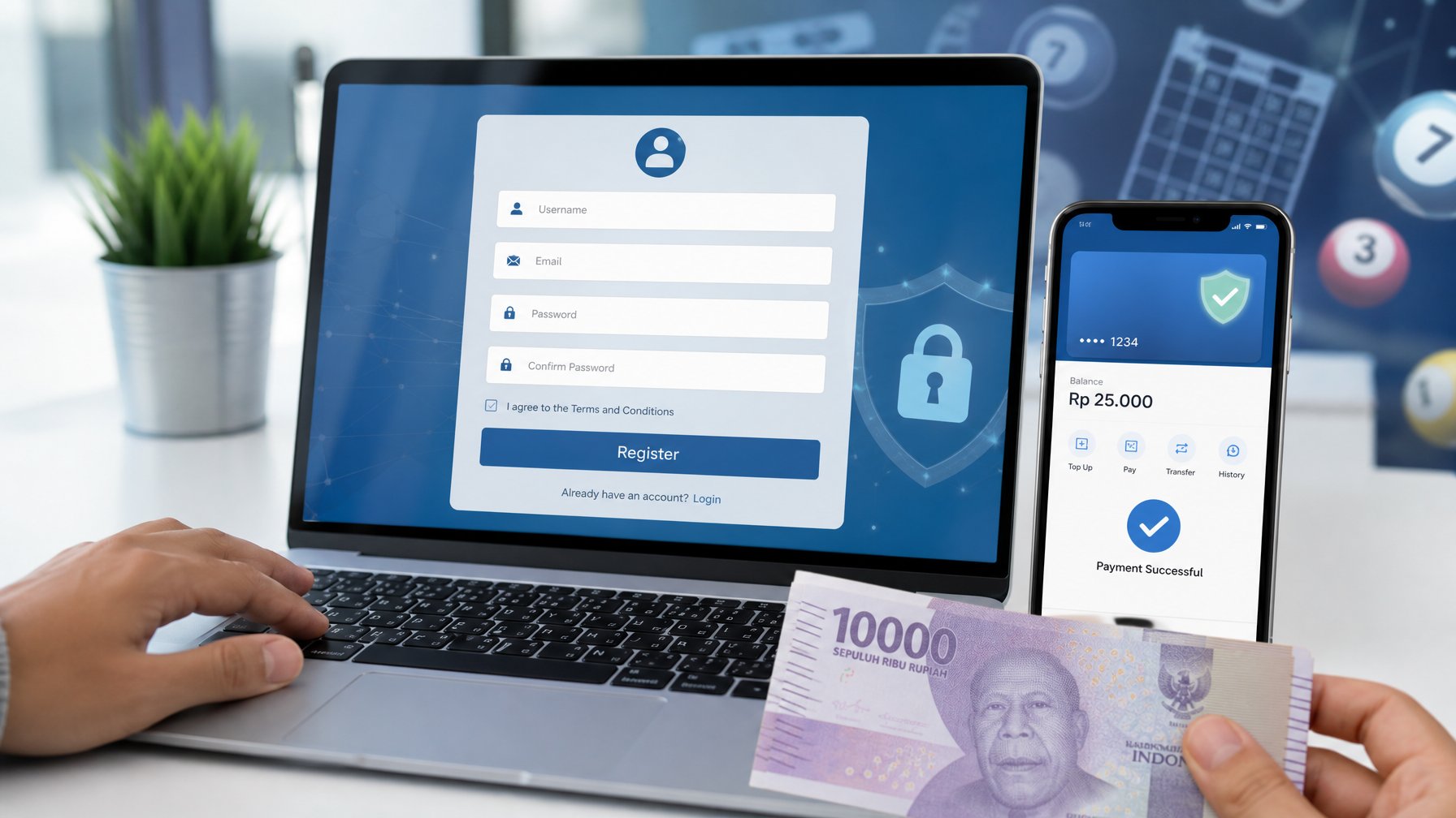 Meja kerja dengan laptop yang menampilkan formulir pendaftaran, ponsel dengan aplikasi pembayaran, dan uang rupiah sebagai simbol deposit minimal.