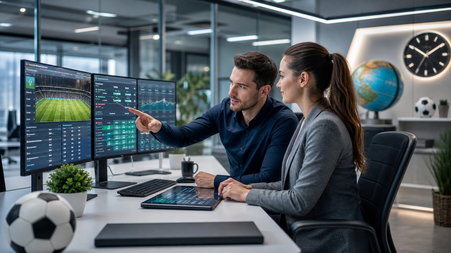 Dua orang muda bekerja bersama di kantor modern, melihat layar komputer dengan data taruhan sepak bola dan bermain.
