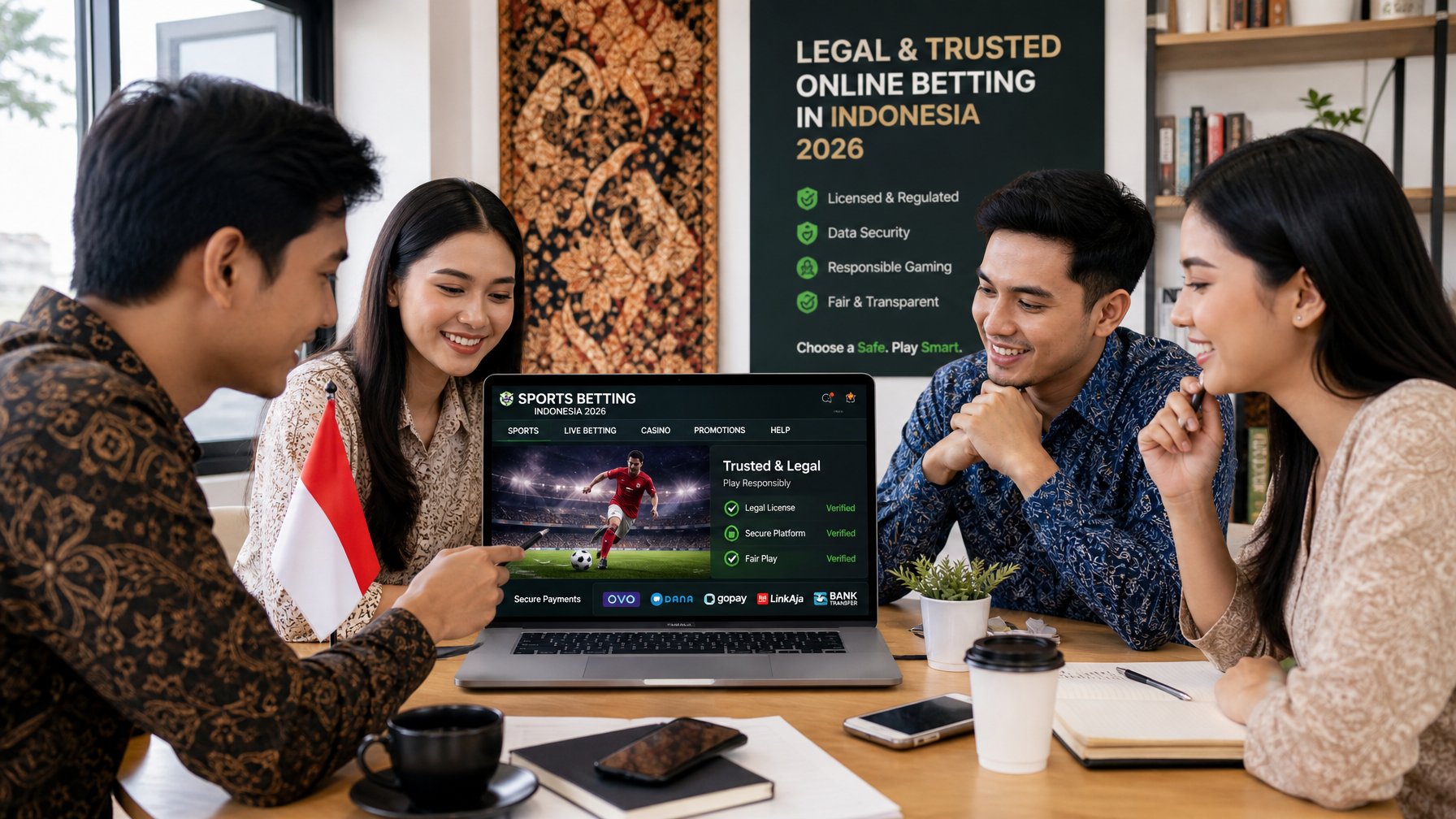 Sekelompok orang muda sedang berdiskusi tentang laptop yang menampilkan situs taruhan olahraga resmi dengan elemen budaya Indonesia di ruang kerja modern.