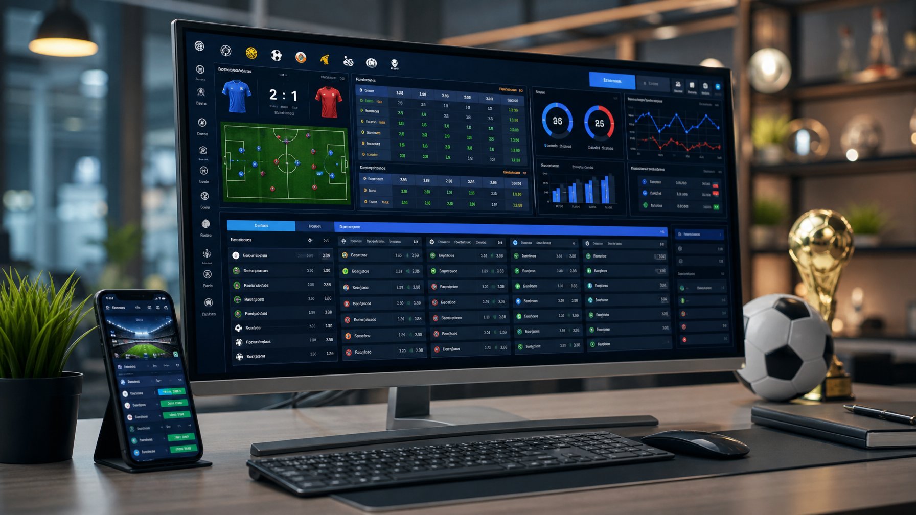 Sebuah ruang kerja modern dengan layar komputer menampilkan dashboard taruhan bola online lengkap dan perangkat teknologi di sekitarnya.