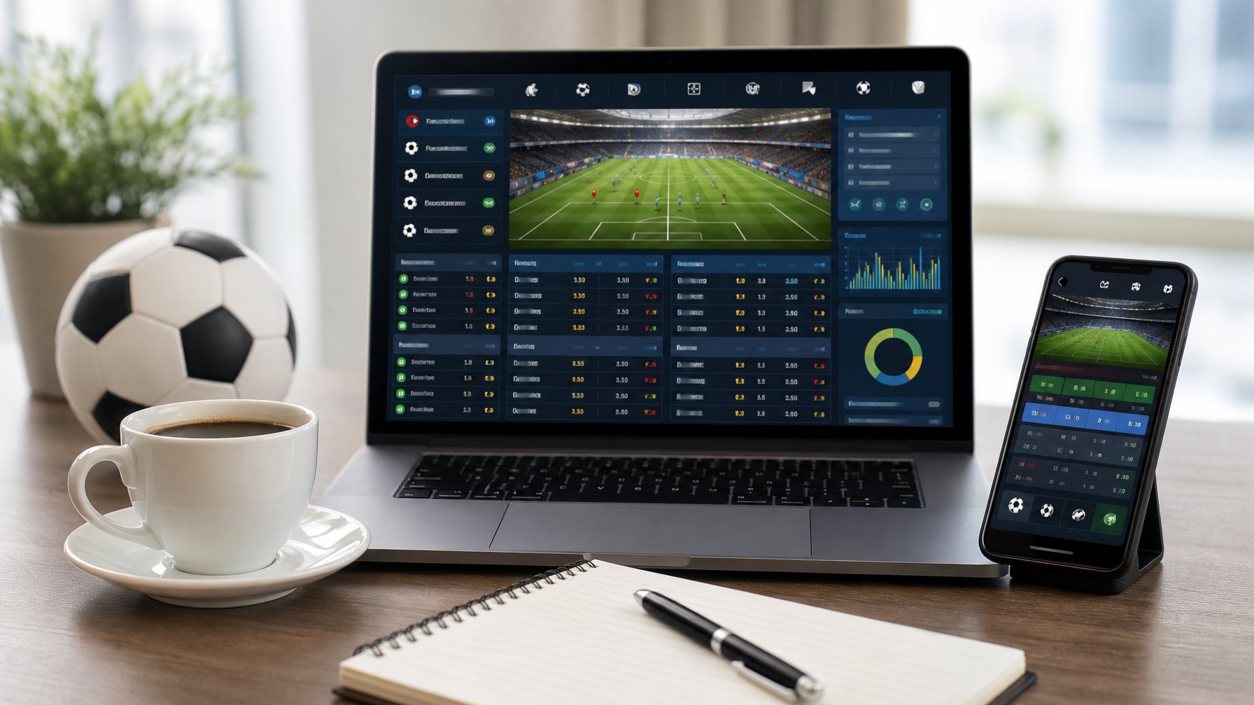 Seseorang menggunakan laptop dan ponsel untuk mengakses platform taruhan bola online dengan grafik dan statistik pertandingan sepak bola di layar.