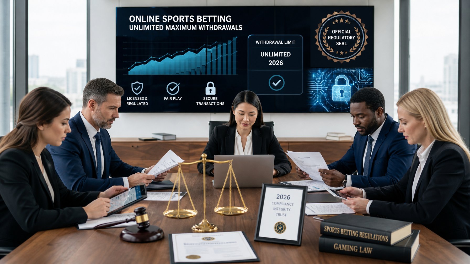 Sekelompok profesional bisnis sedang meninjau dokumen dan perangkat digital di kantor modern yang menunjukkan simbol hukum dan grafik keuangan.