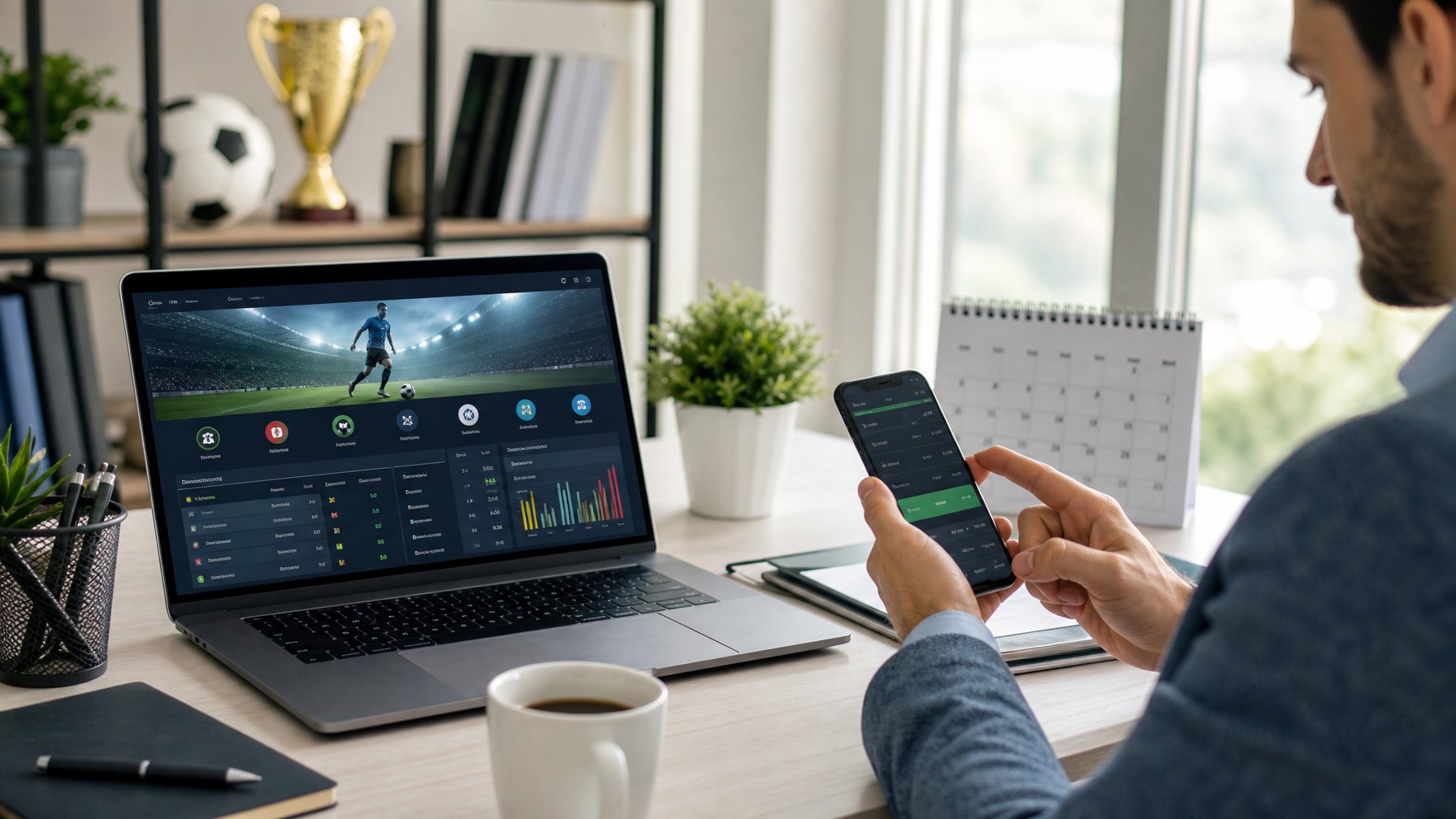 Seseorang menggunakan laptop dan ponsel di meja kerja yang rapi dengan dekorasi bola sepak dan kalender tahun 2026.