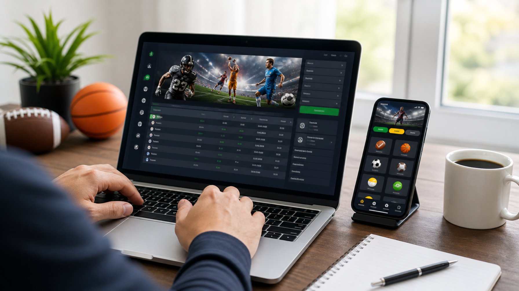 Seseorang menggunakan laptop dan smartphone di meja kerja dengan peralatan olahraga kecil di sekitar, menunjukkan proses pendaftaran di situs bandar bola online.