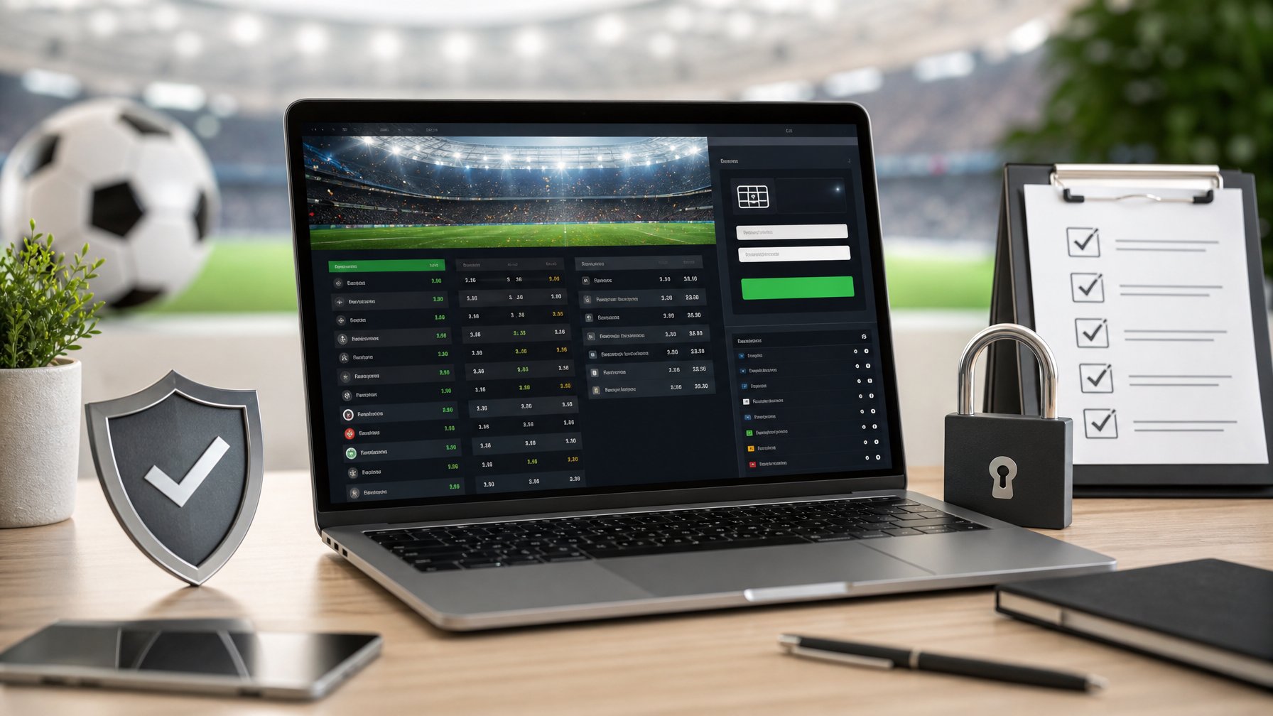 Meja kerja modern dengan laptop yang menampilkan situs taruhan bola online, dikelilingi ikon keamanan dan perlengkapan olahraga di latar belakang.