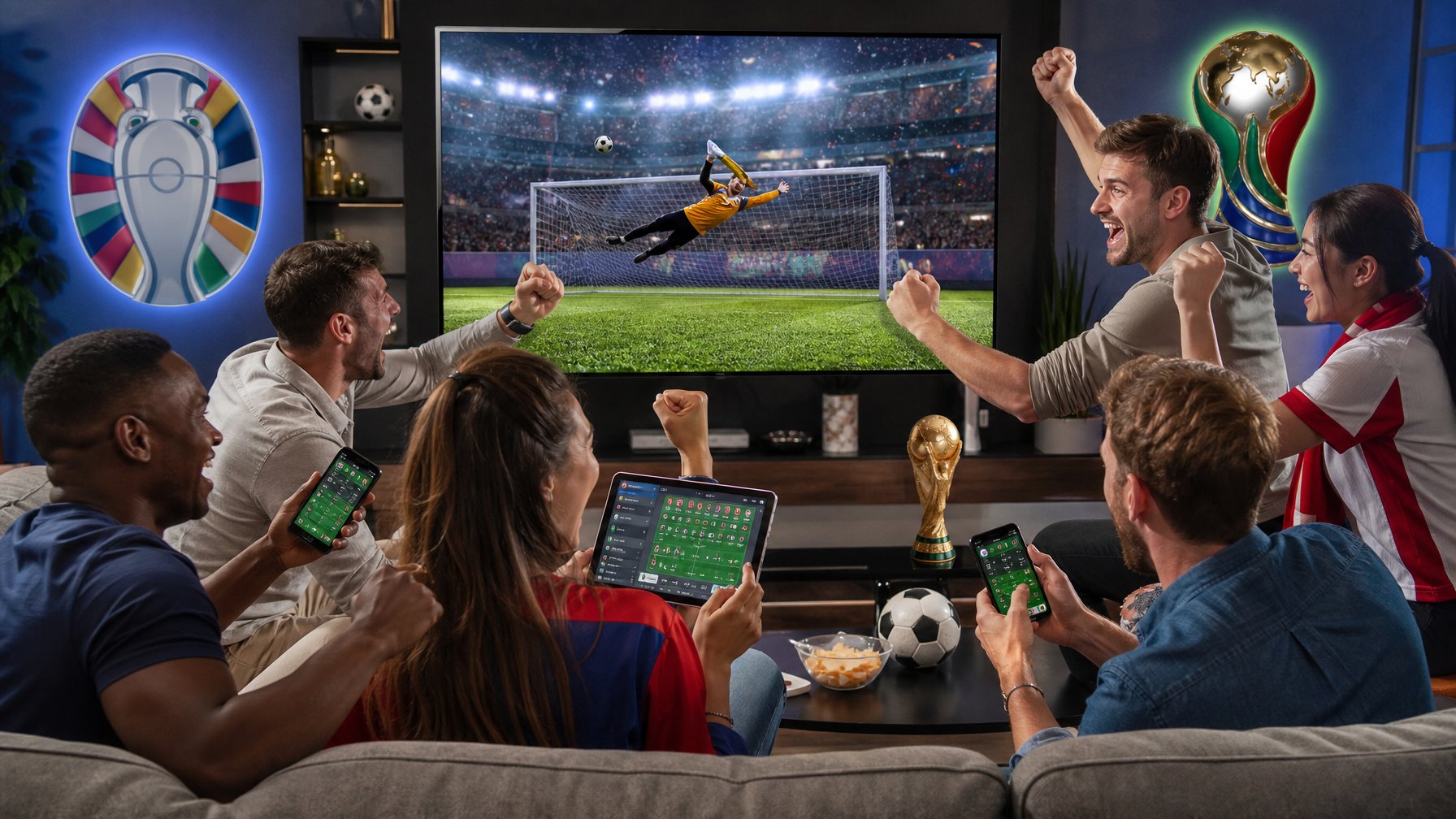 Sekelompok orang sedang menonton pertandingan sepak bola dengan layar digital besar, terlihat antusias dan menggunakan perangkat untuk taruhan olahraga.