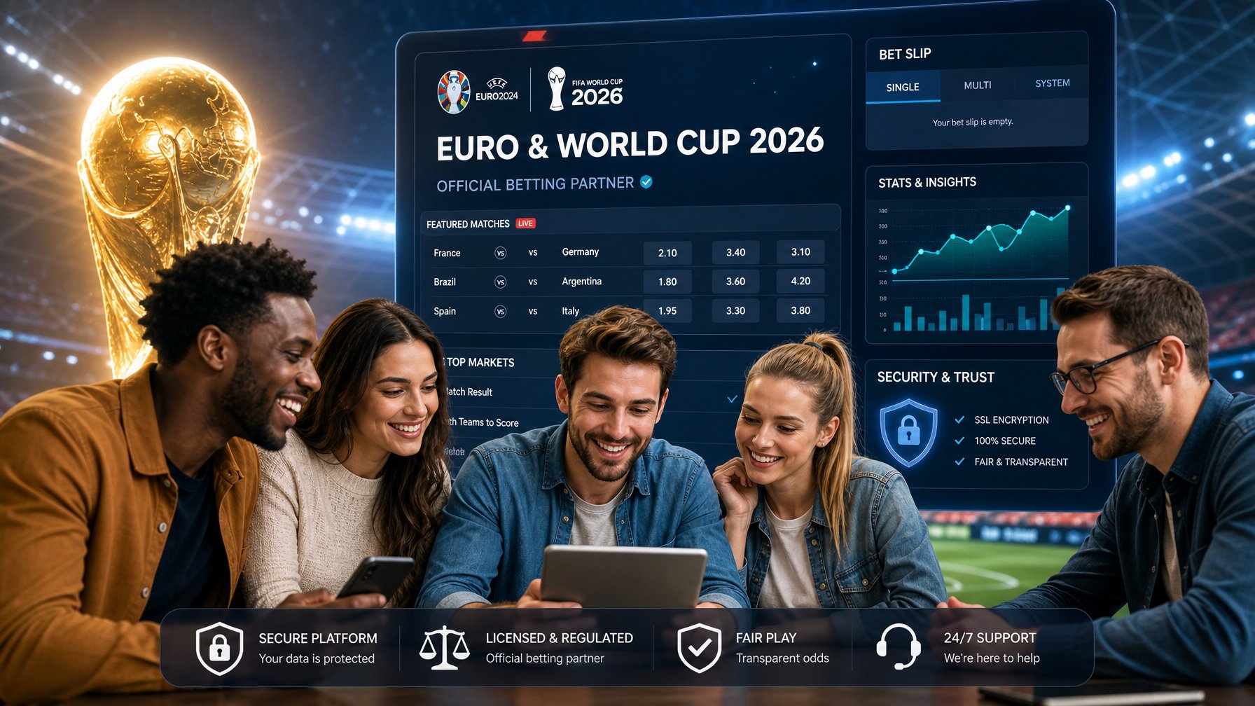 Sekelompok orang sedang menggunakan antarmuka digital yang menunjukkan keamanan dan legalitas platform taruhan sepak bola resmi Euro dan Piala Dunia 2026.