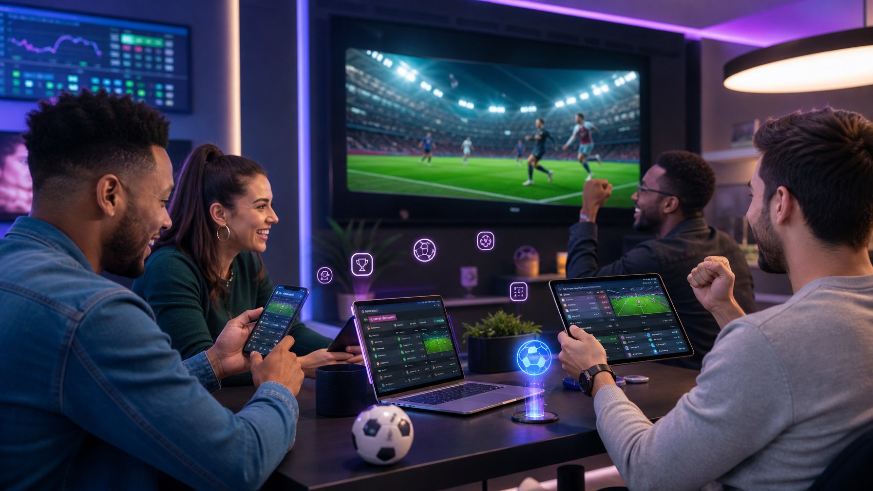 Orang-orang menggunakan perangkat digital untuk bertaruh pada pertandingan olahraga di ruangan modern dengan layar besar yang menampilkan pertandingan sepak bola.