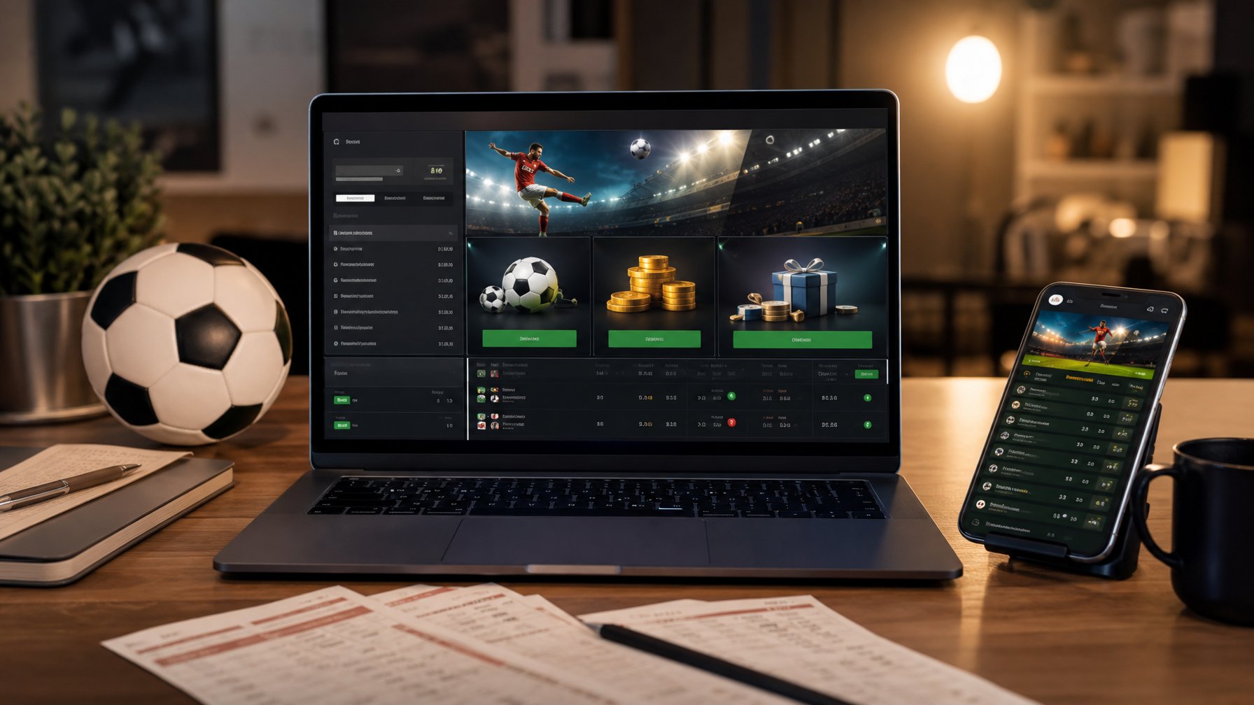 Meja kerja modern dengan laptop yang menampilkan situs taruhan bola, bola sepak, dan smartphone di sampingnya.