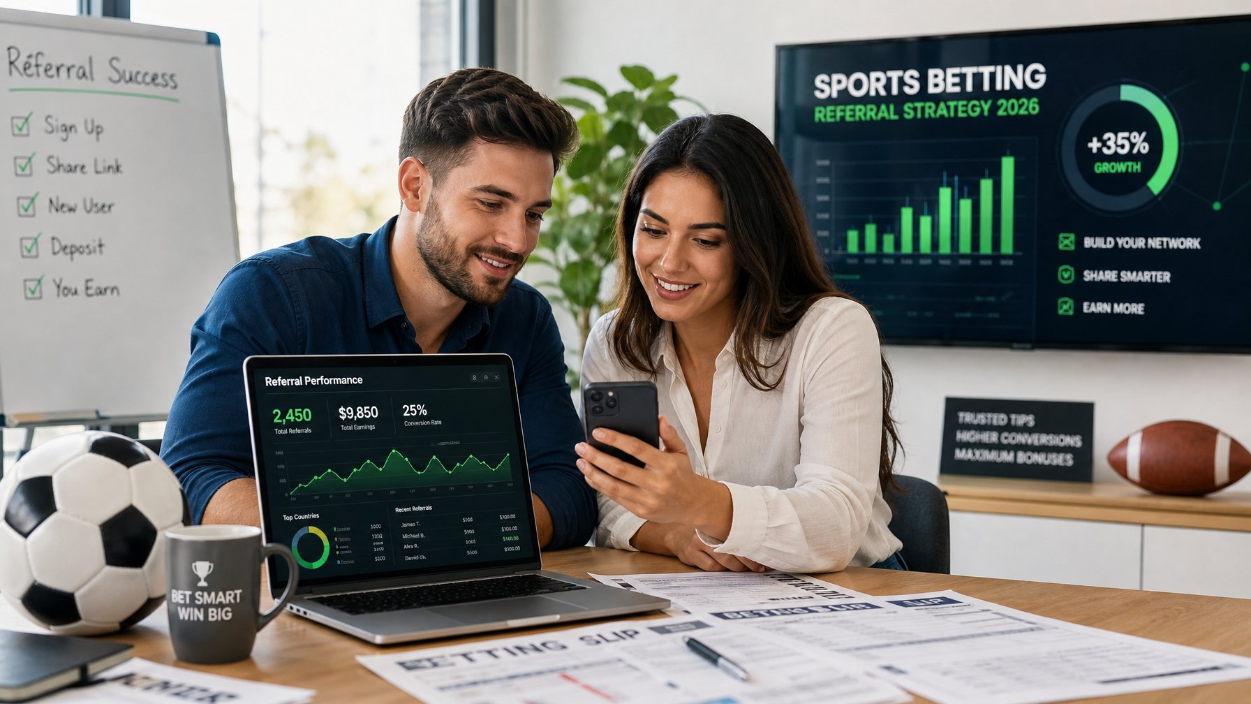 Dua orang sedang bekerja bersama di meja kantor dengan laptop dan ponsel, menganalisis data terkait referral bandar bola.