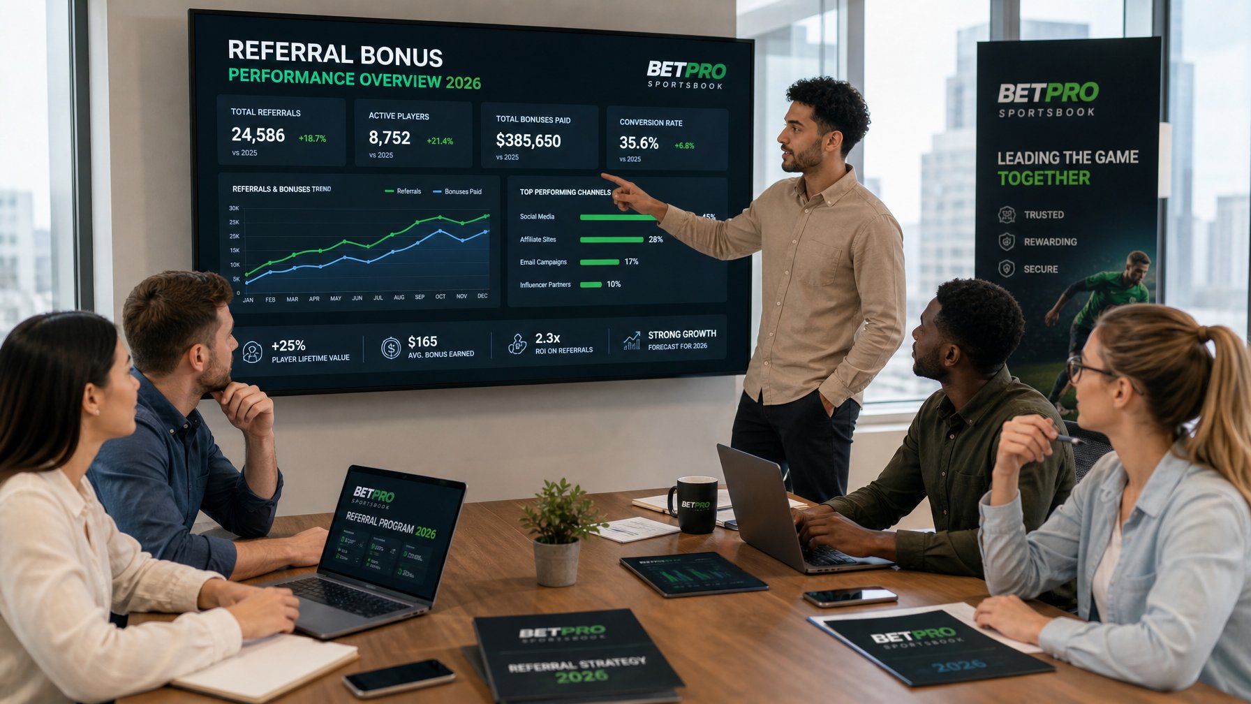 Sekelompok profesional muda sedang berdiskusi di kantor modern dengan layar digital menampilkan grafik dan data strategi bonus referral.