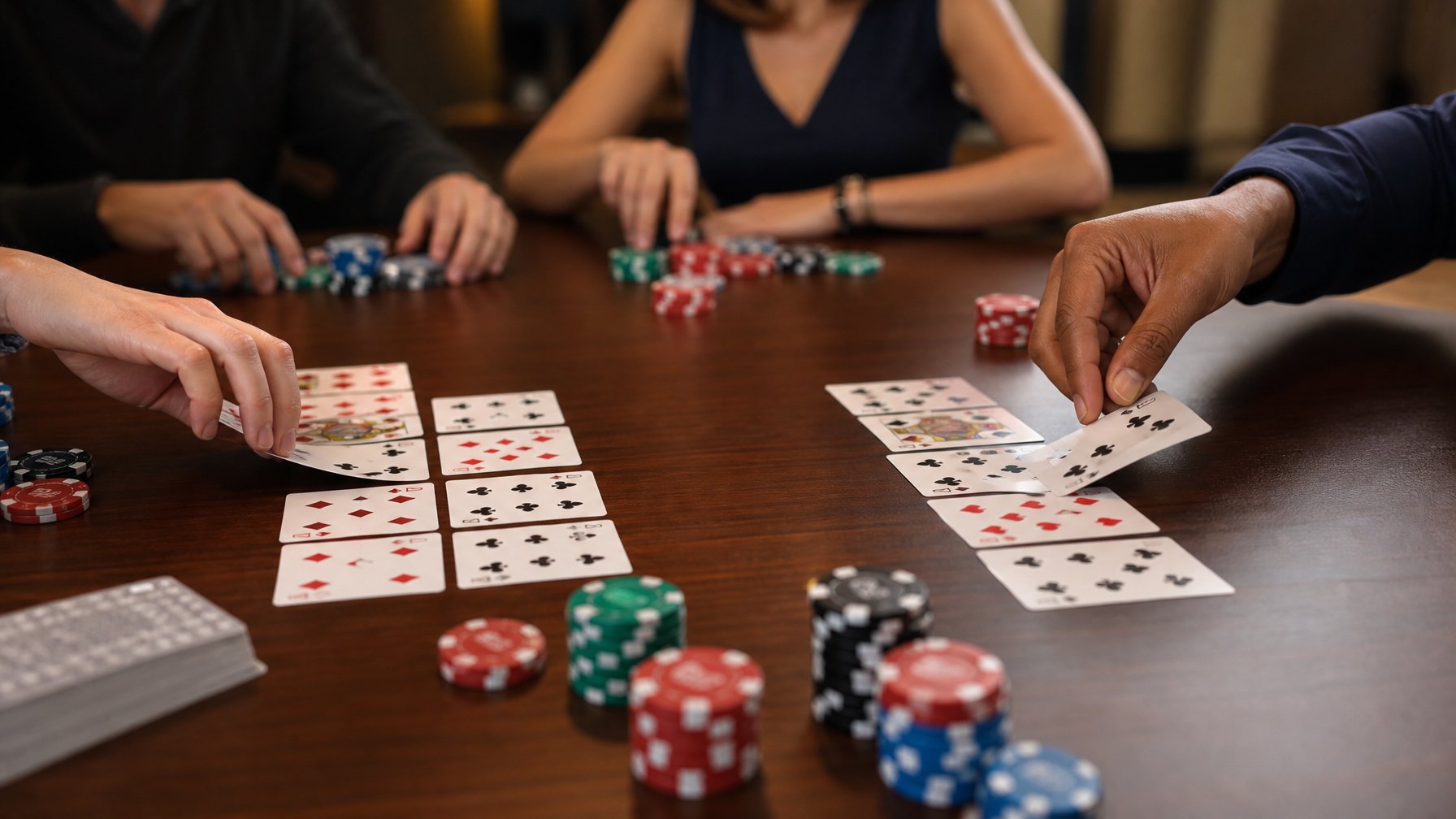 Meja kayu dengan kartu remi dan chip poker, tangan pemain sedang menata kartu dalam permainan Capsa Susun.