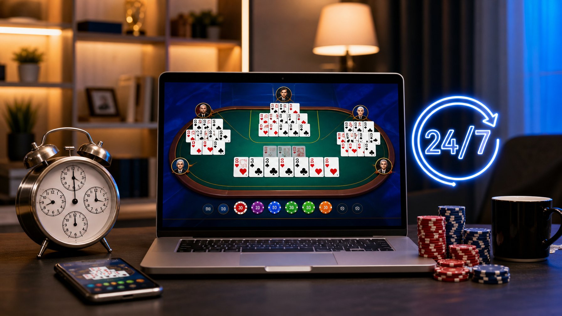 Seseorang sedang bermain permainan kartu Capsa Susun secara online di komputer dengan suasana ruangan yang nyaman dan pencahayaan terang.