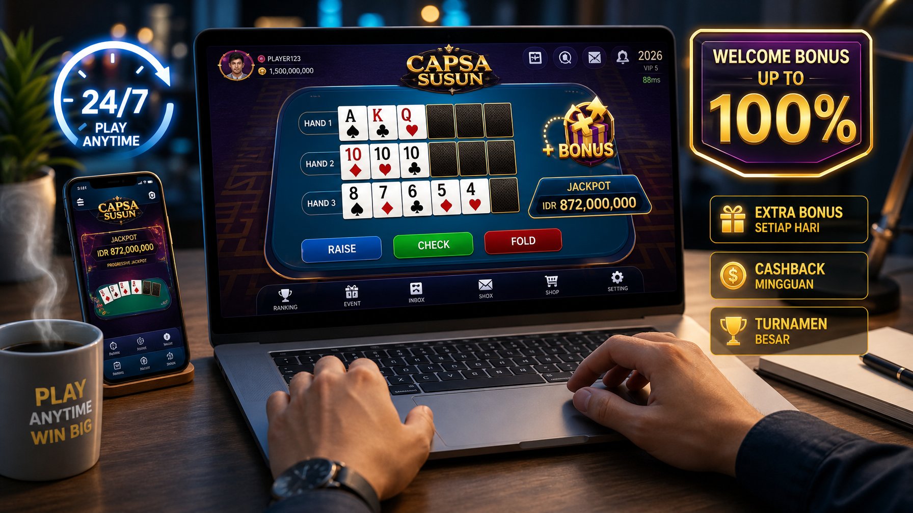 Seseorang bermain permainan Capsa Susun online di depan komputer dengan suasana kerja yang rapi dan modern.