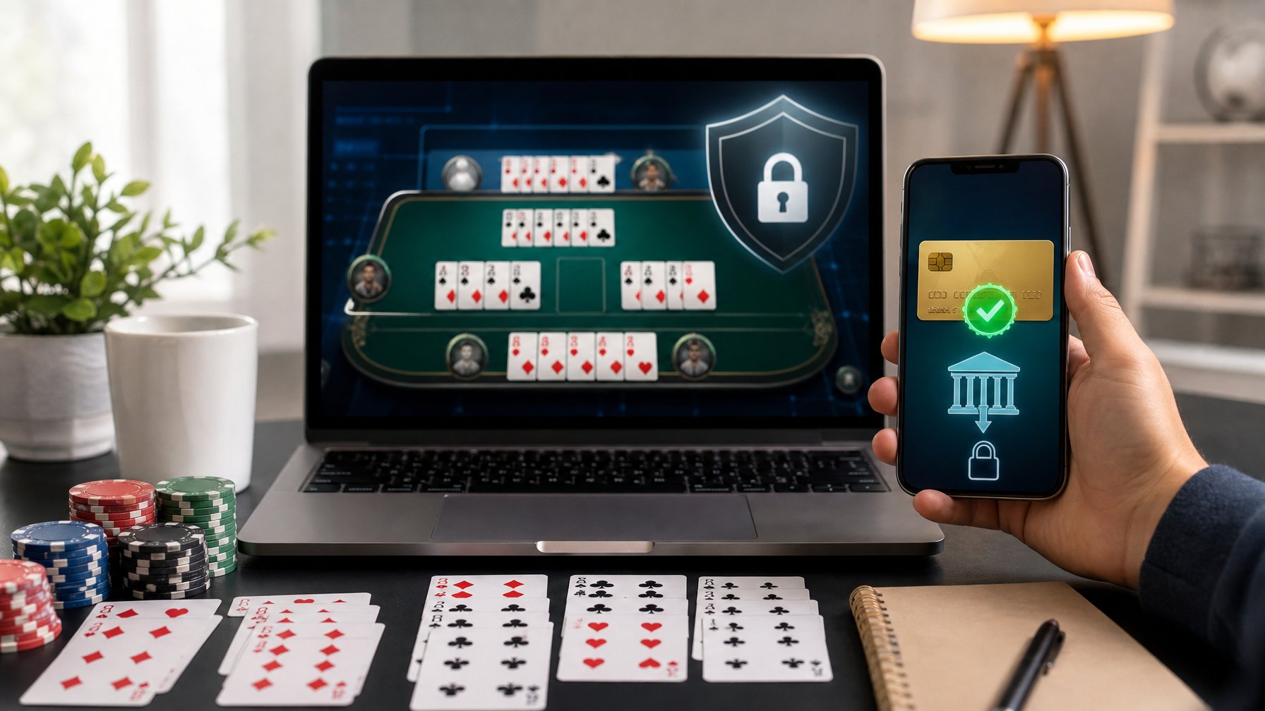Meja kerja dengan laptop dan smartphone menampilkan permainan kartu Capsa dan transaksi deposit online.