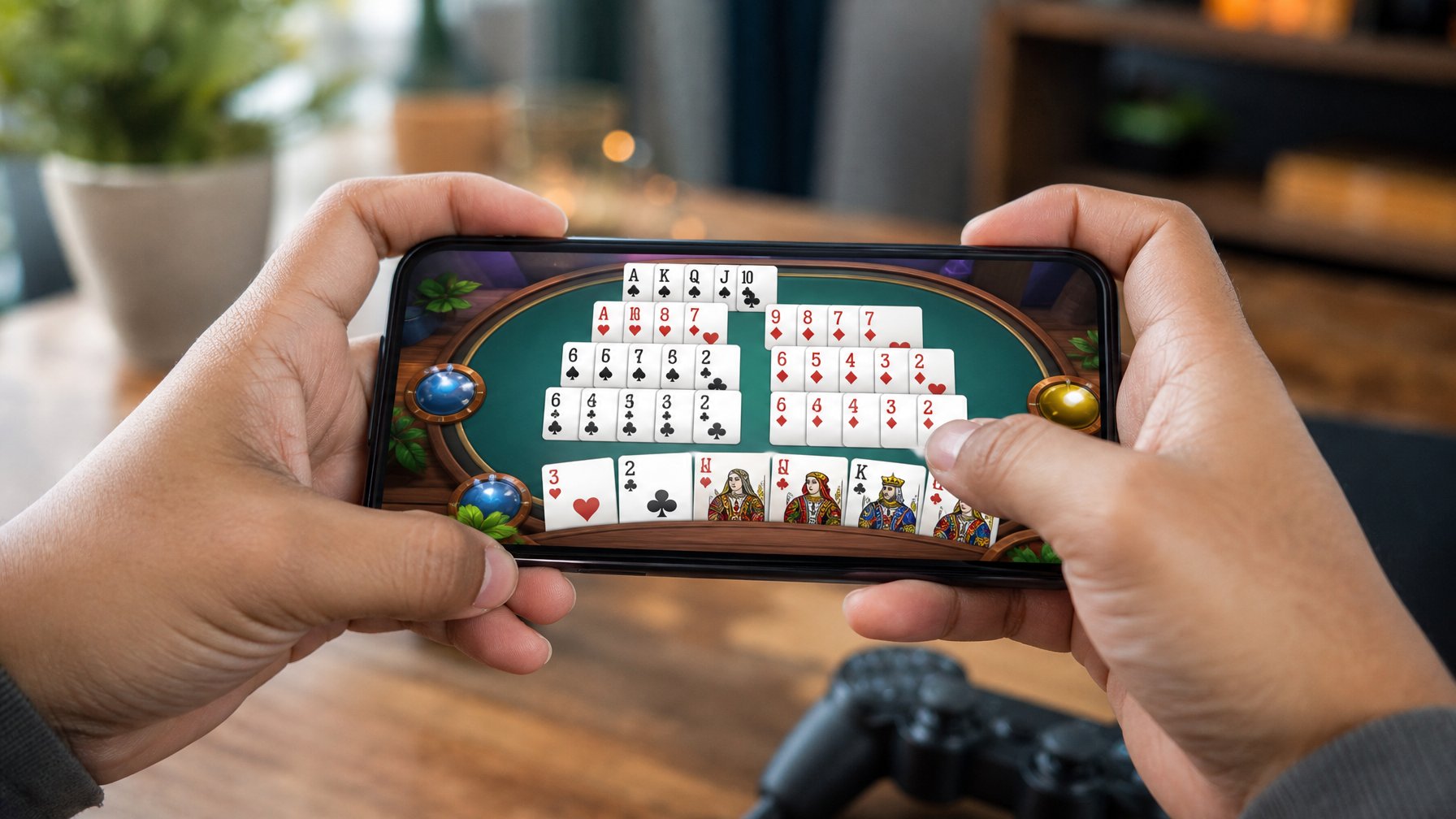 Seseorang memegang smartphone yang menampilkan permainan kartu Capsa Susun di layar dengan latar belakang ruangan yang nyaman.