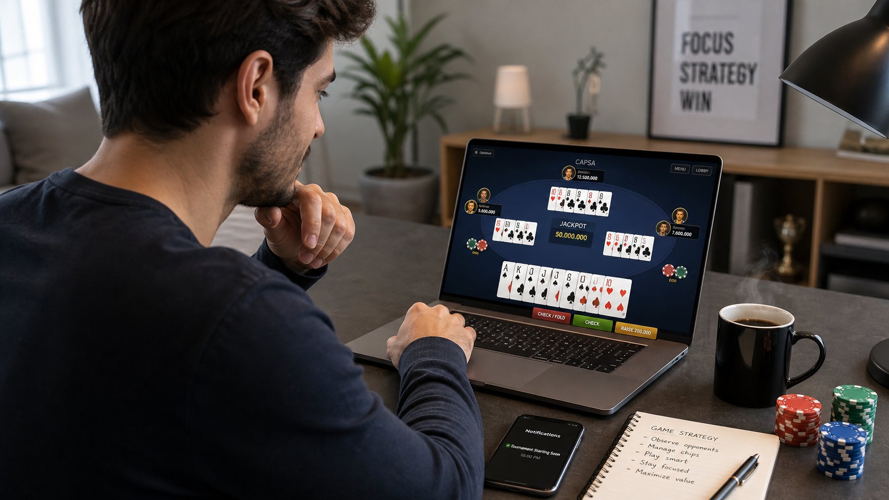 Seorang pria muda fokus bermain permainan kartu online di depan laptop di meja kerja modern.