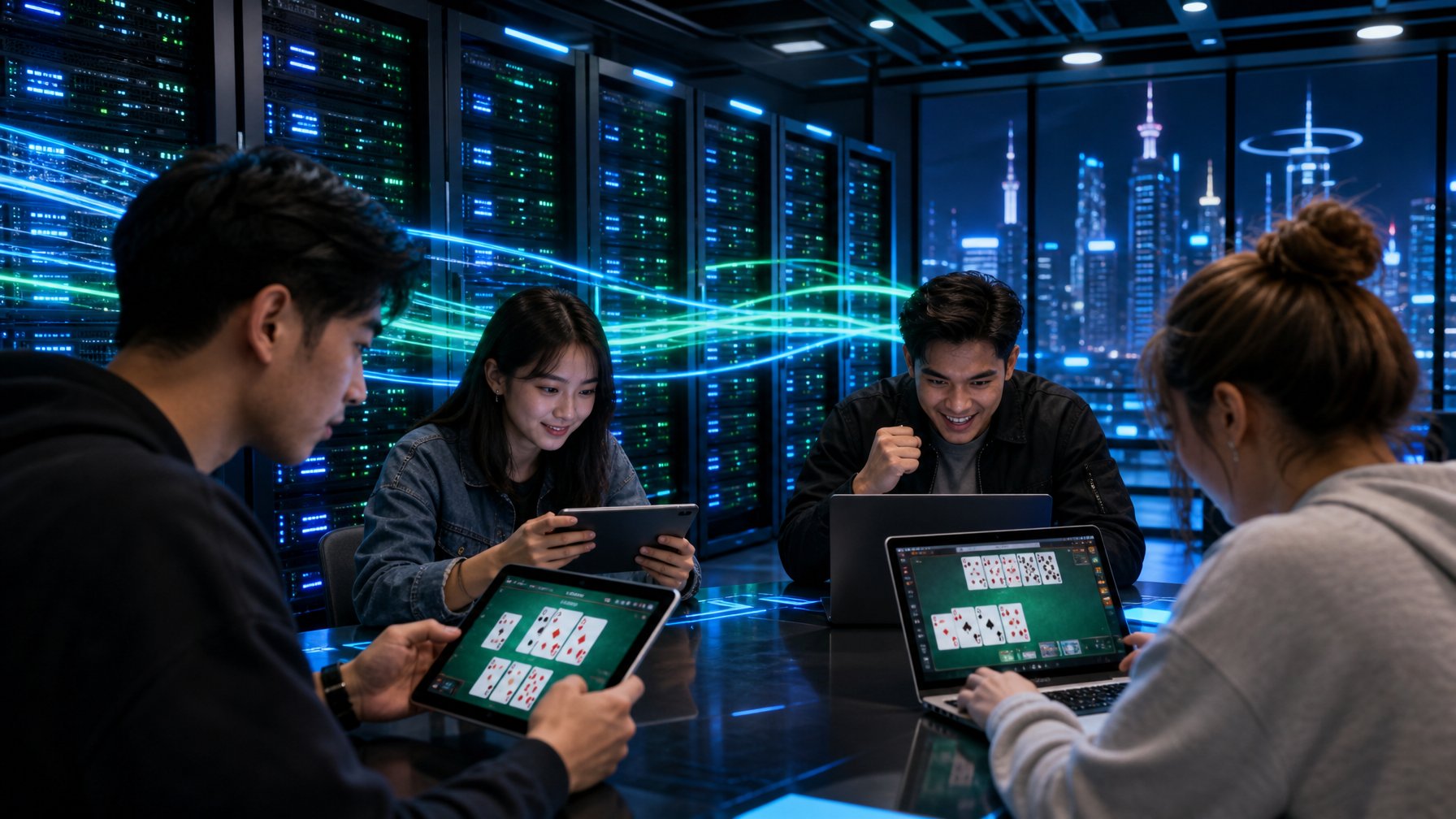 Sekelompok orang muda bermain Capsa Banting secara online dengan latar belakang server komputer berlampu dan pemandangan kota futuristik.