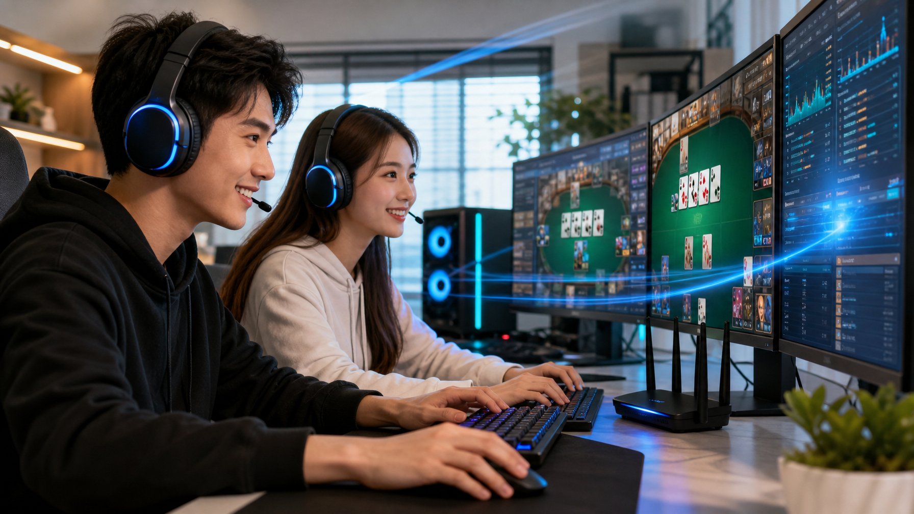 Dua pemain muda sedang bermain game kartu online di depan komputer dengan tampilan layar yang cerah dan alat game modern di meja.