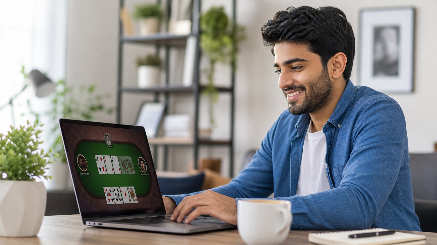 Seorang dewasa muda duduk di meja dengan laptop, bermain permainan kartu online di ruang kerja yang terang dan rapi.